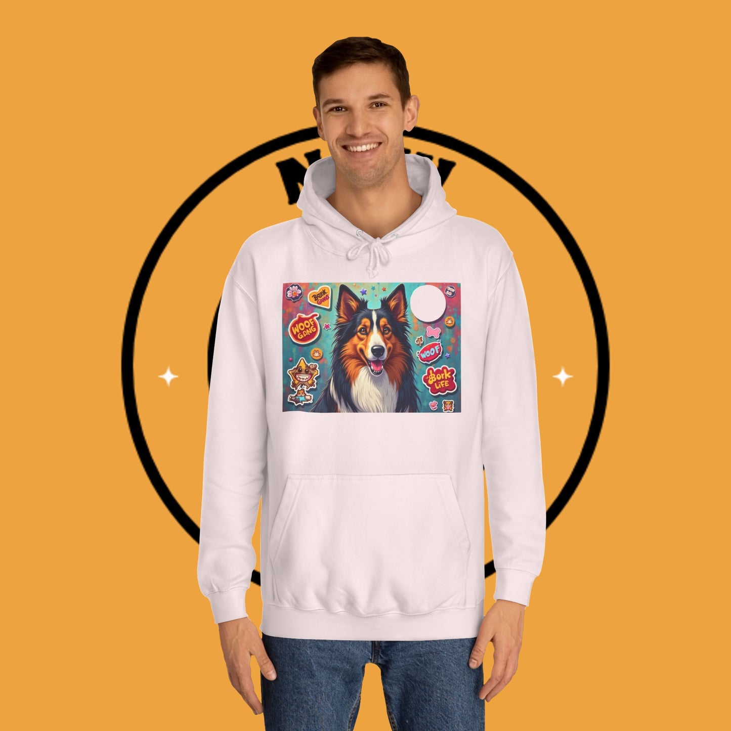"Dog Sticker Pack Hoodie - Vibrant Collie with Fun Dog Patches Design | Millennial Pet Lover Streetwear"