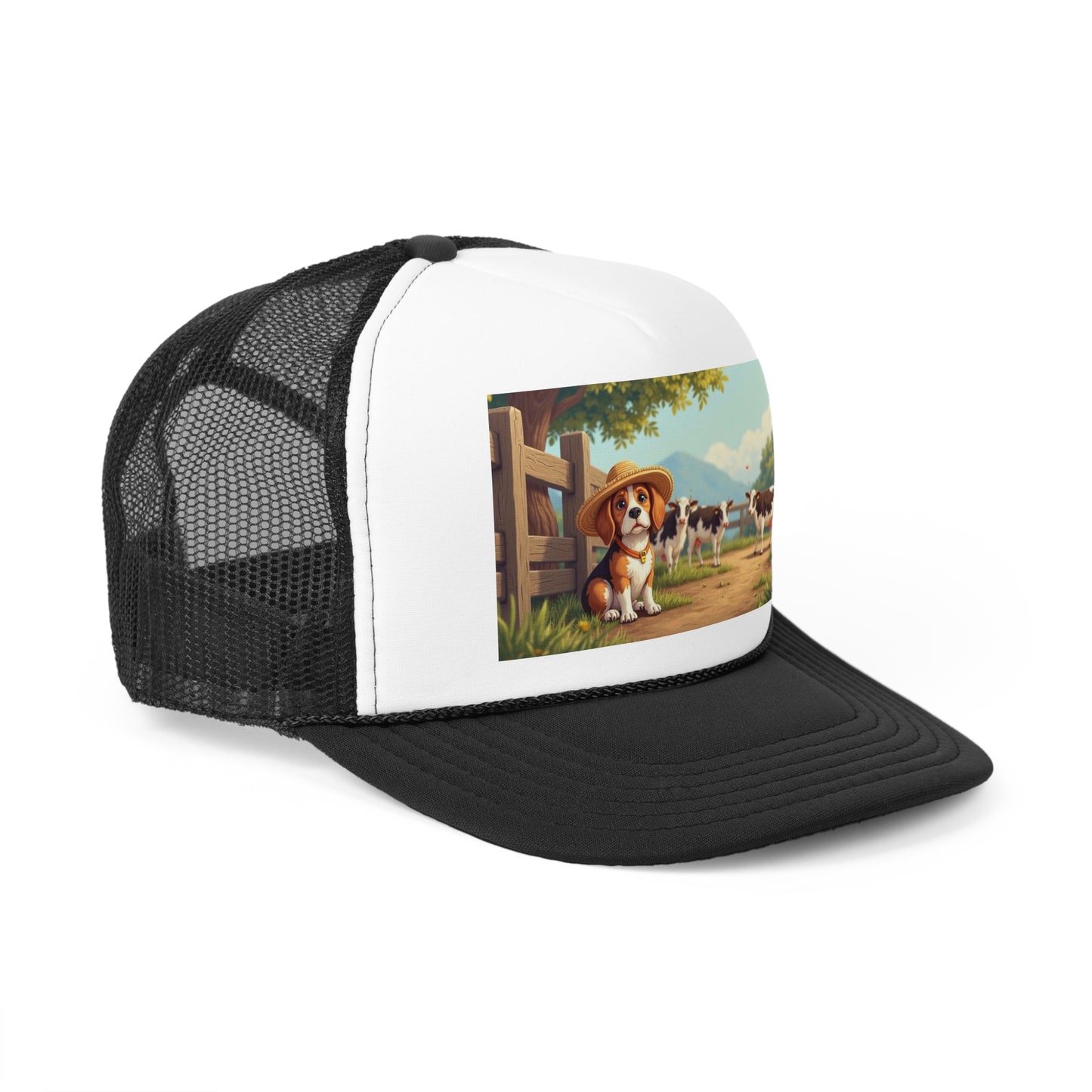 Farm Beagle with Straw Hat and Cows Trucker Hat - Country Dog Lover Cap - Adorable Dog Lover Unisex Cap