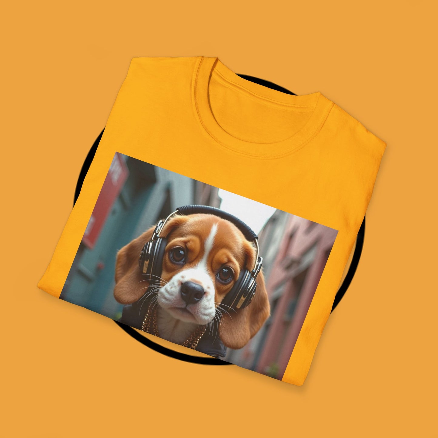 Hip Hop Beagle Dog T-Shirt - Cool Puppy with Headphones & Gold Chains Graphic Tee