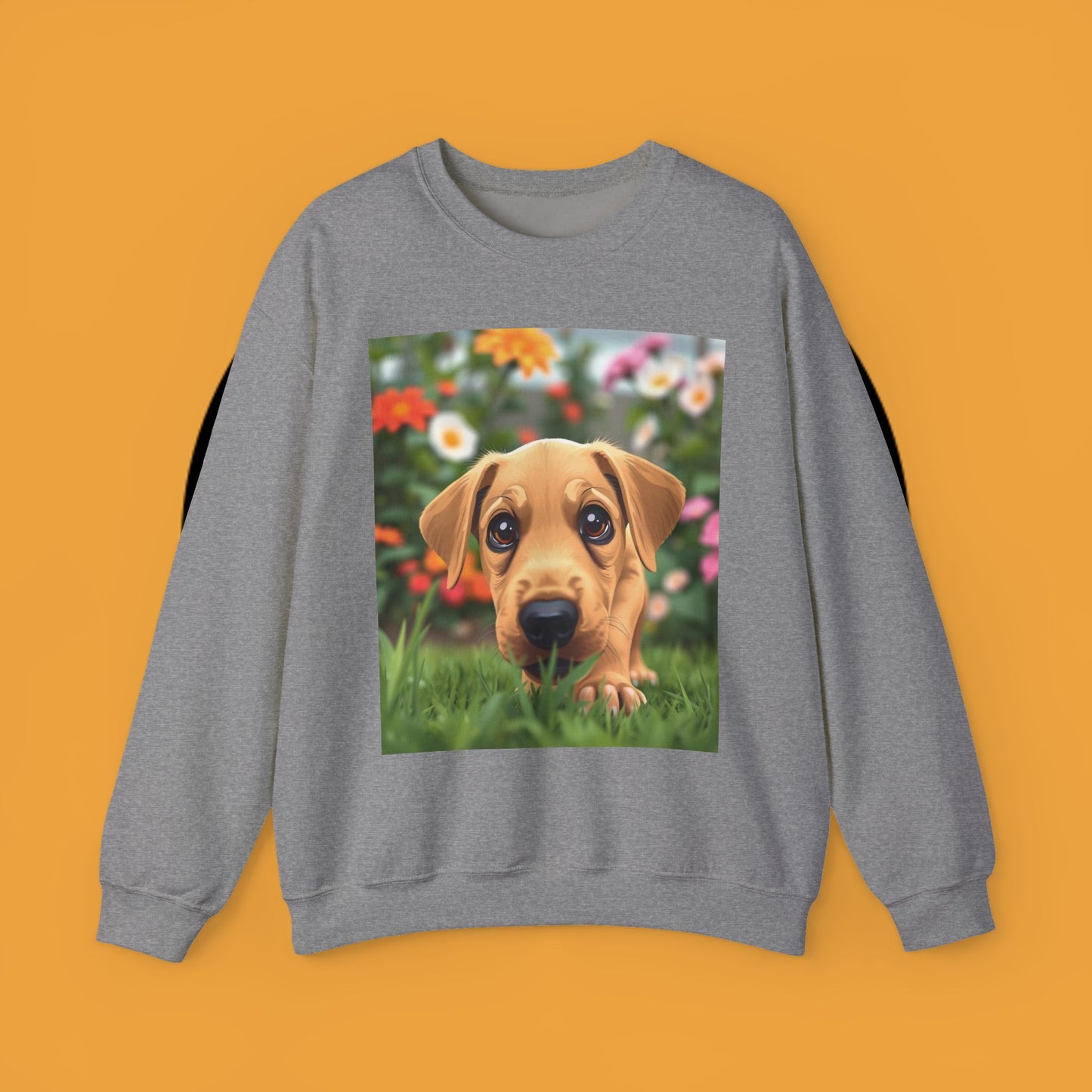 Unisex Dog Lover Crewneck Sweatshirt - Cute puppe with big eyes in floral garden
