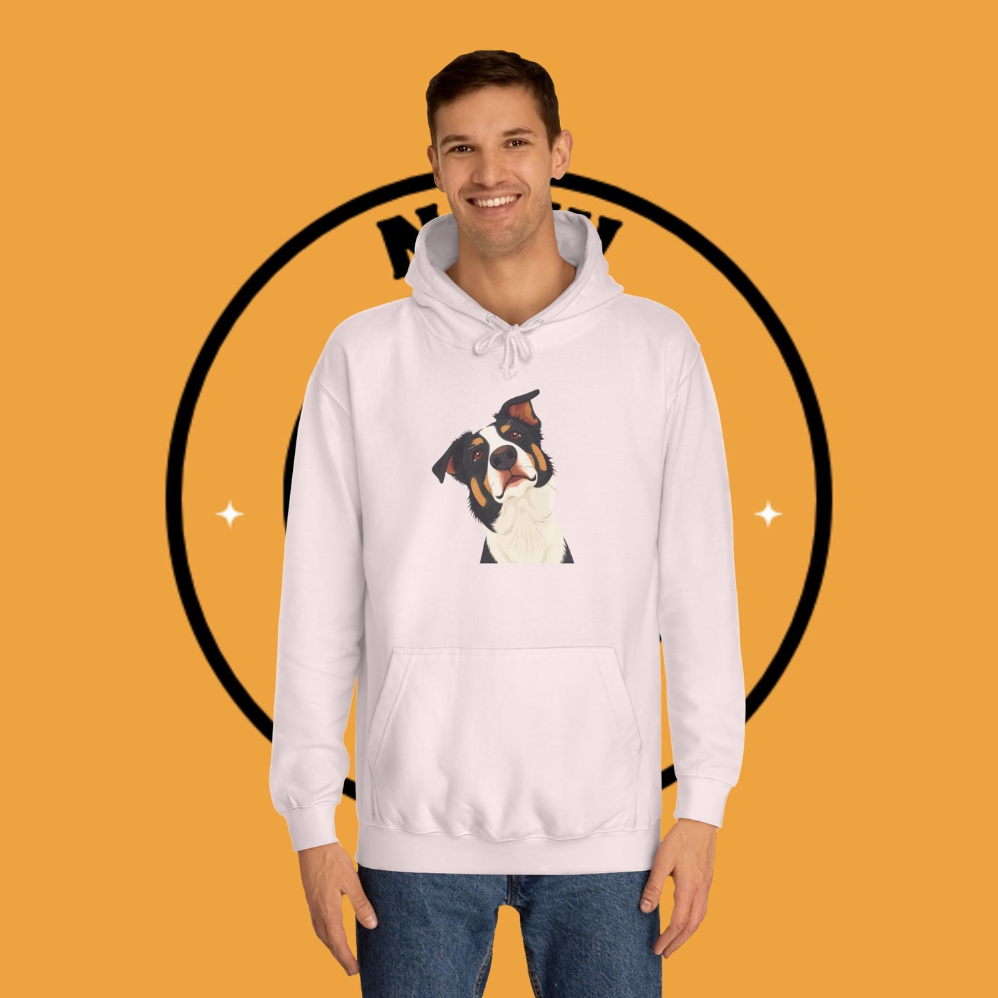 "Happy Border Collie Hoodie - Playful Cartoon Dog with Tilted Head Design | Cute Animal Streetwear"