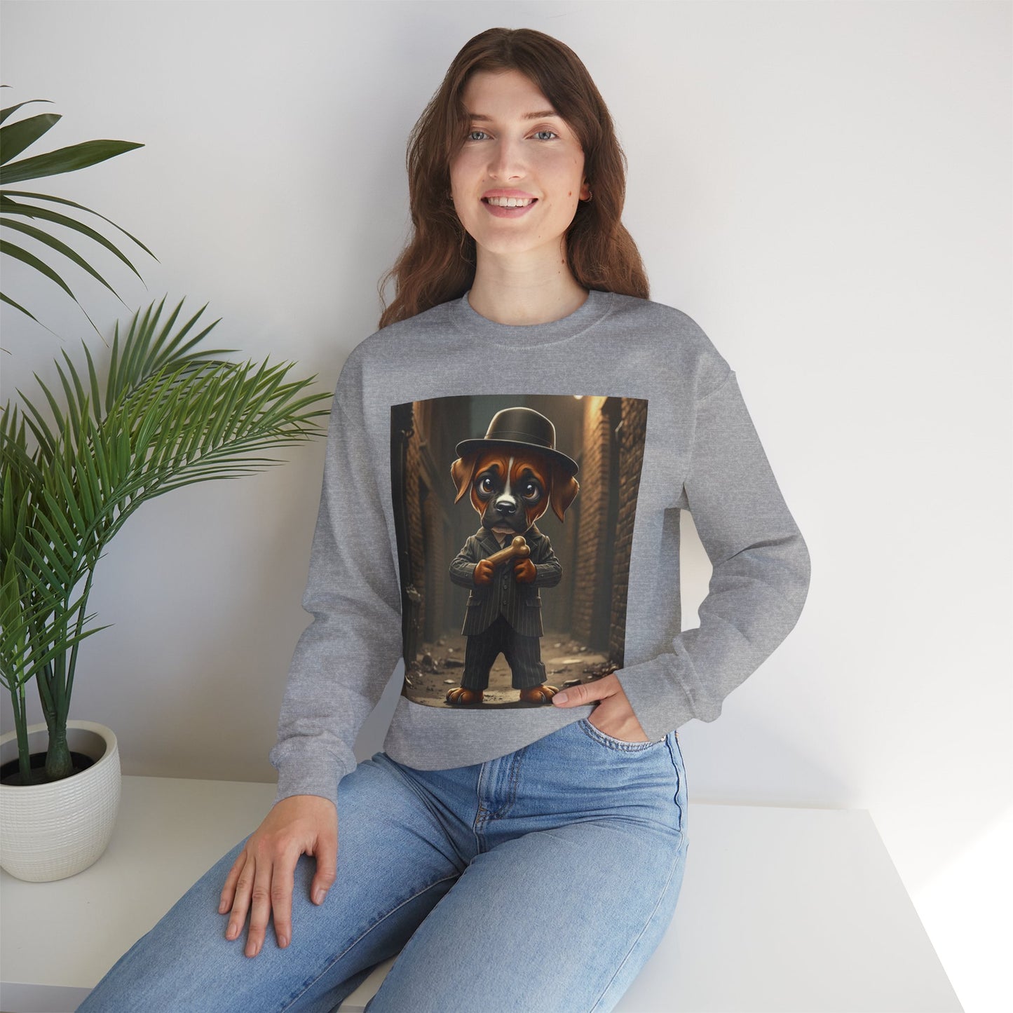 Gangster Puppy Fedora Crewneck Sweatshirt - Vintage Dog Boss Design - Retro Pet Lover Style