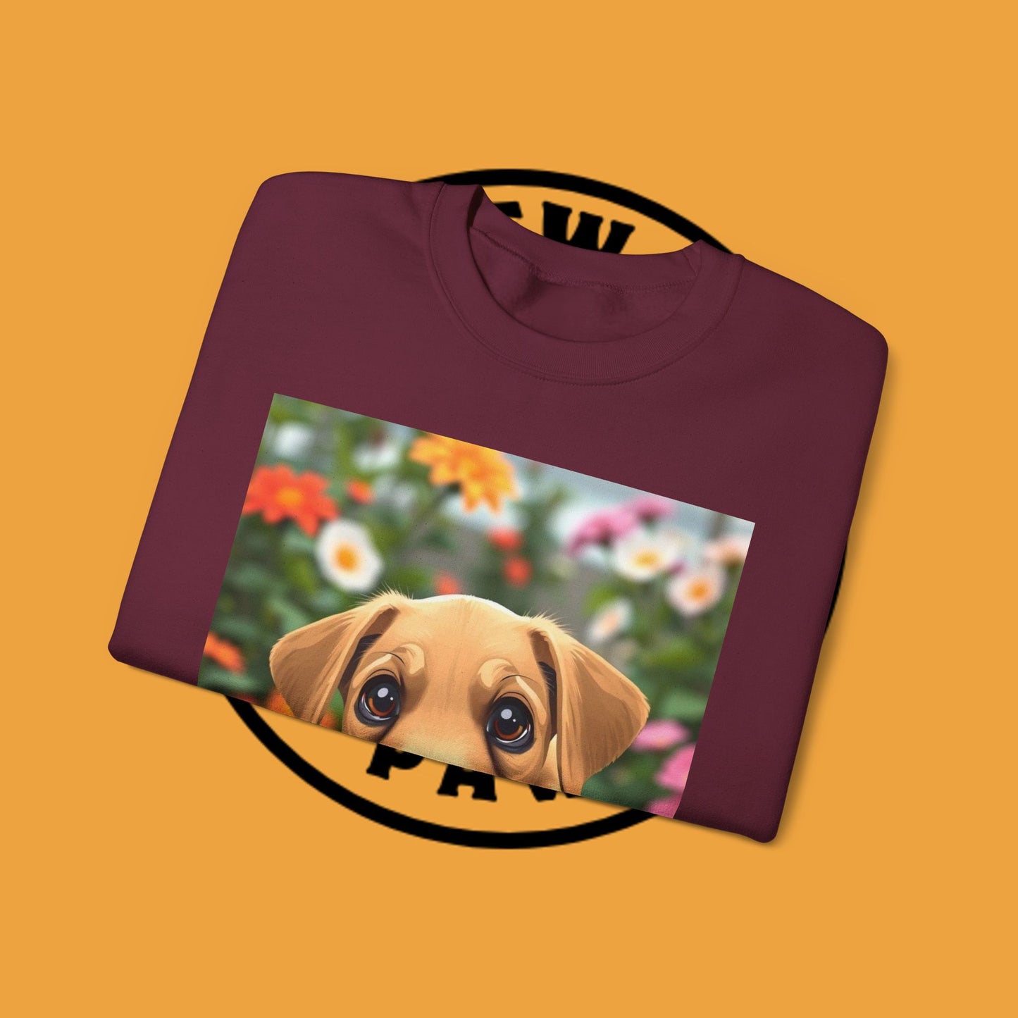 Unisex Dog Lover Crewneck Sweatshirt - Cute puppe with big eyes in floral garden