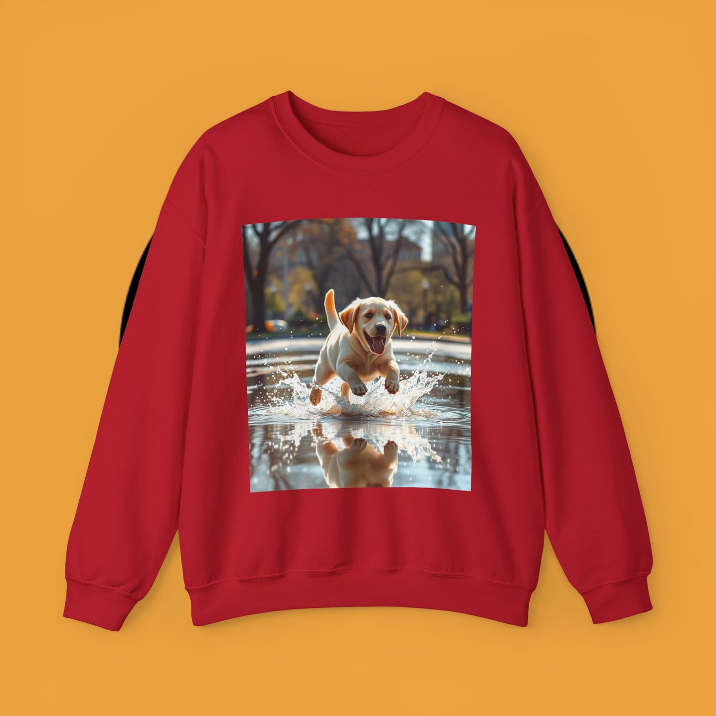 Unisex Dog Lover Crewneck Sweatshirt -Labrador Puppy Running in Water - Happy Dog Splashing in Puddle