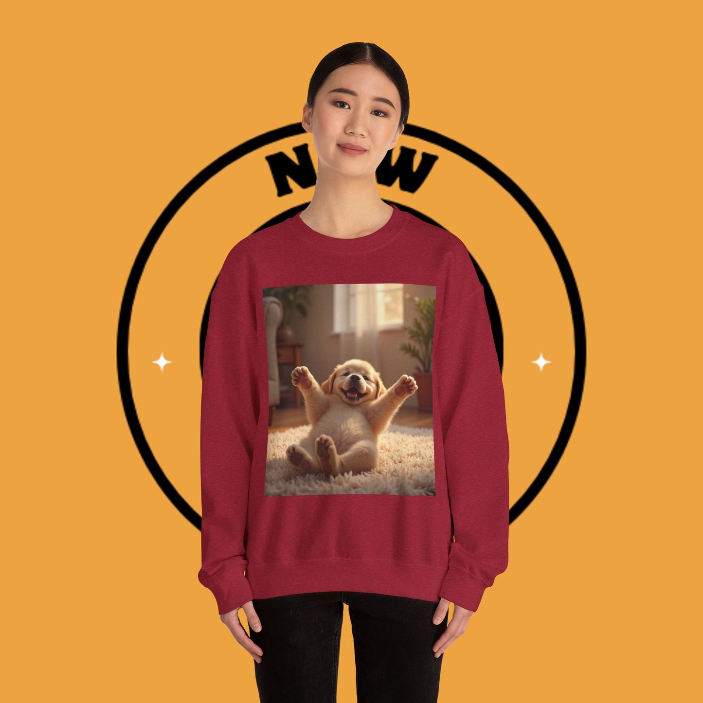 Unisex Dog Lover Crewneck Sweatshirt - Joyful Paws: Yellow Lab Puppy Stretching on Plush Carpet