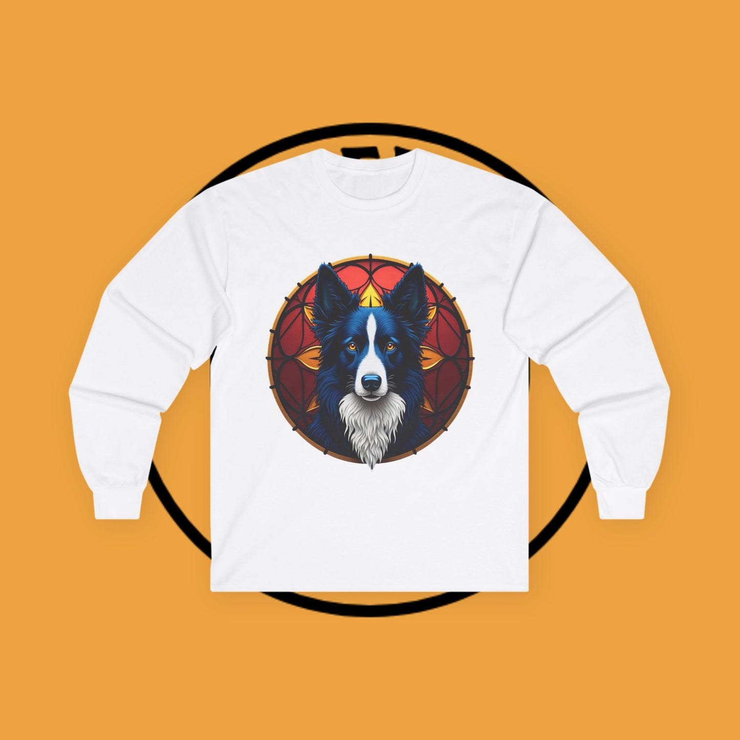 "Mystical Border Collie Stained Glass Long Sleeve Tee - Sacred Geometry Spirit Animal Shirt - Gothic Fantasy Apparel"
