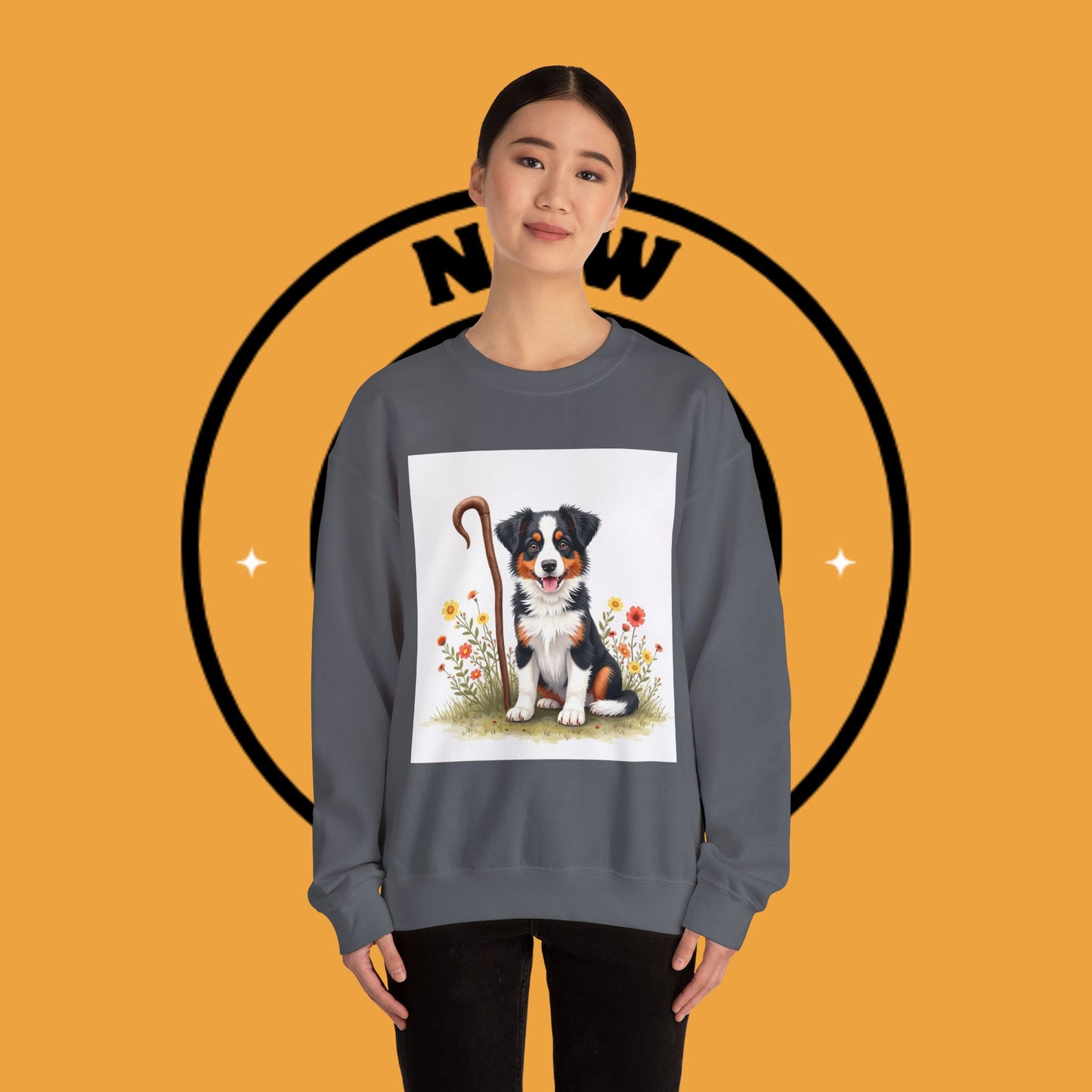 Border Collie Puppy Shepherd's Crook Crewneck Sweatshirt - Pastoral Dog Art | Farm Life Gift