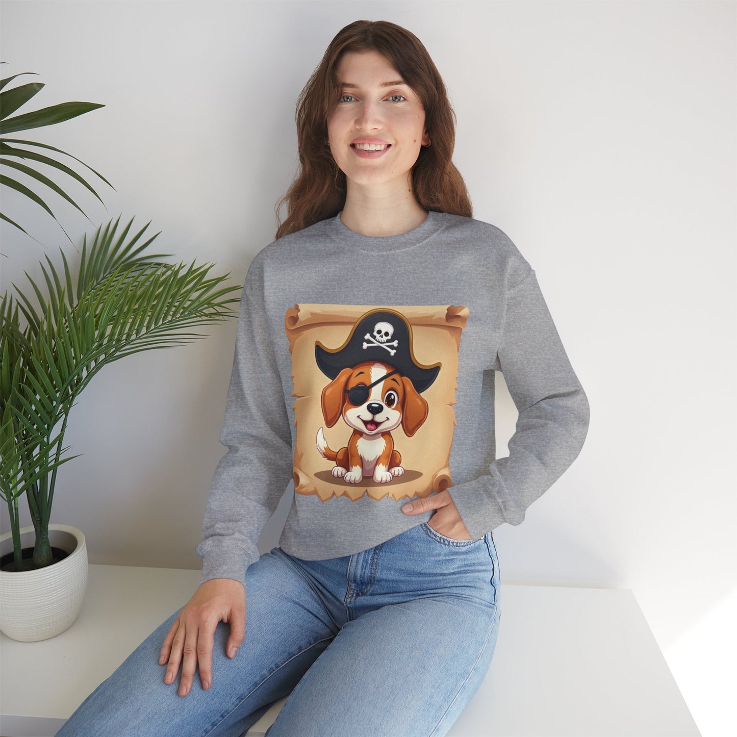 Pirate Dog Crewneck Sweatshirt - Buccaneer Beagle Design with Patch and Hat