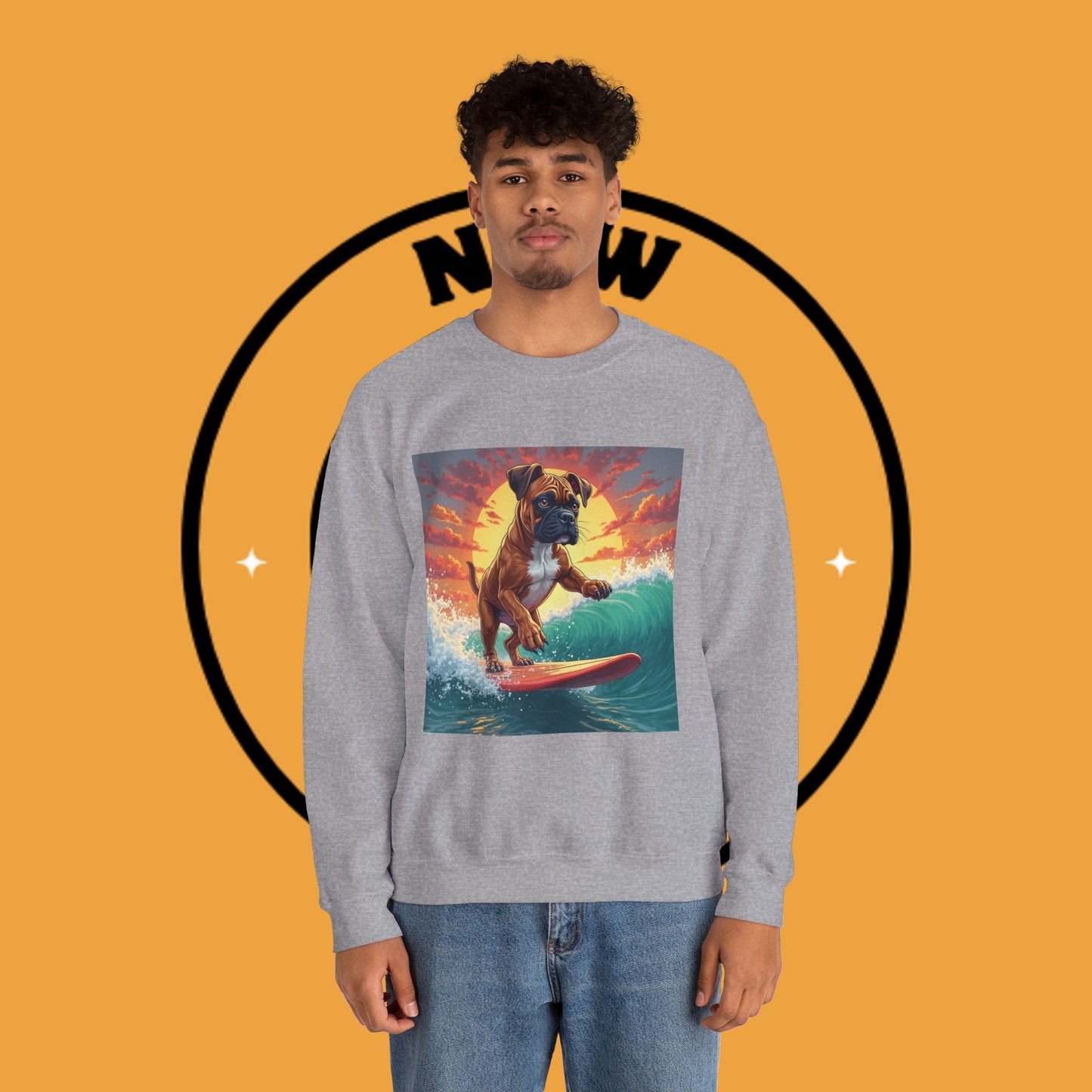 Surfing Boxer Dog Crewneck Sweatshirt | Funny Beach Surfer Gift | Epic Wave Riding Pup Design