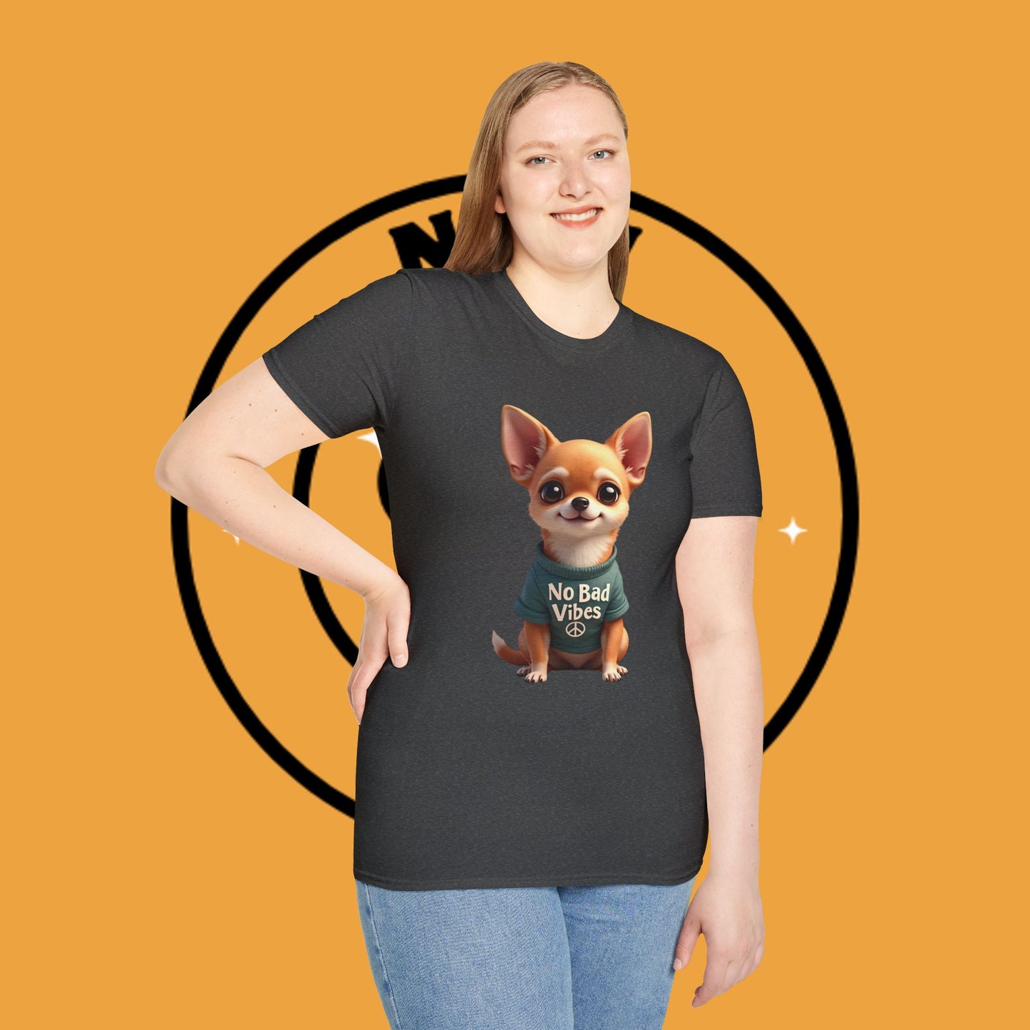 No Bad Vibes Chihuahua T-Shirt - Positive Energy Dog Art - Peace Symbol Pet Tee - Mental Health Wellness Shirt