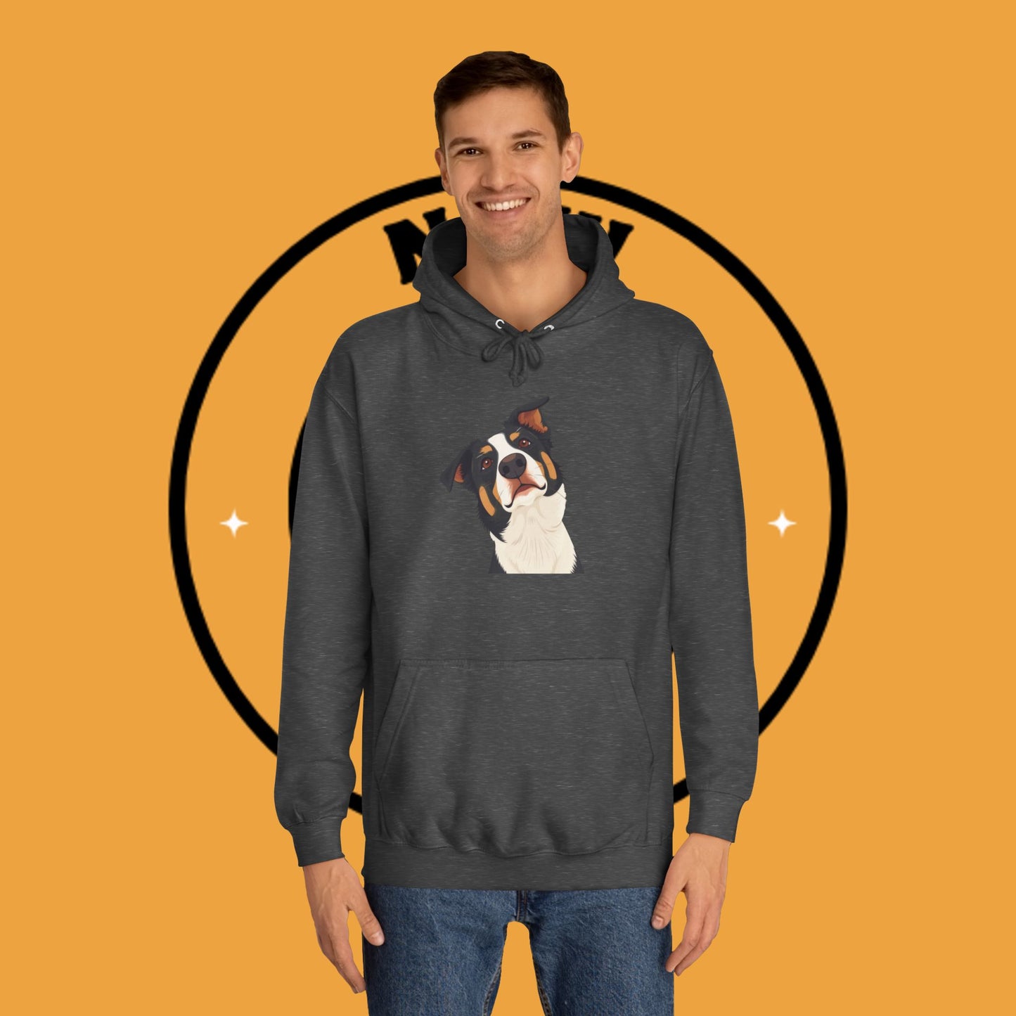"Happy Border Collie Hoodie - Playful Cartoon Dog with Tilted Head Design | Cute Animal Streetwear"
