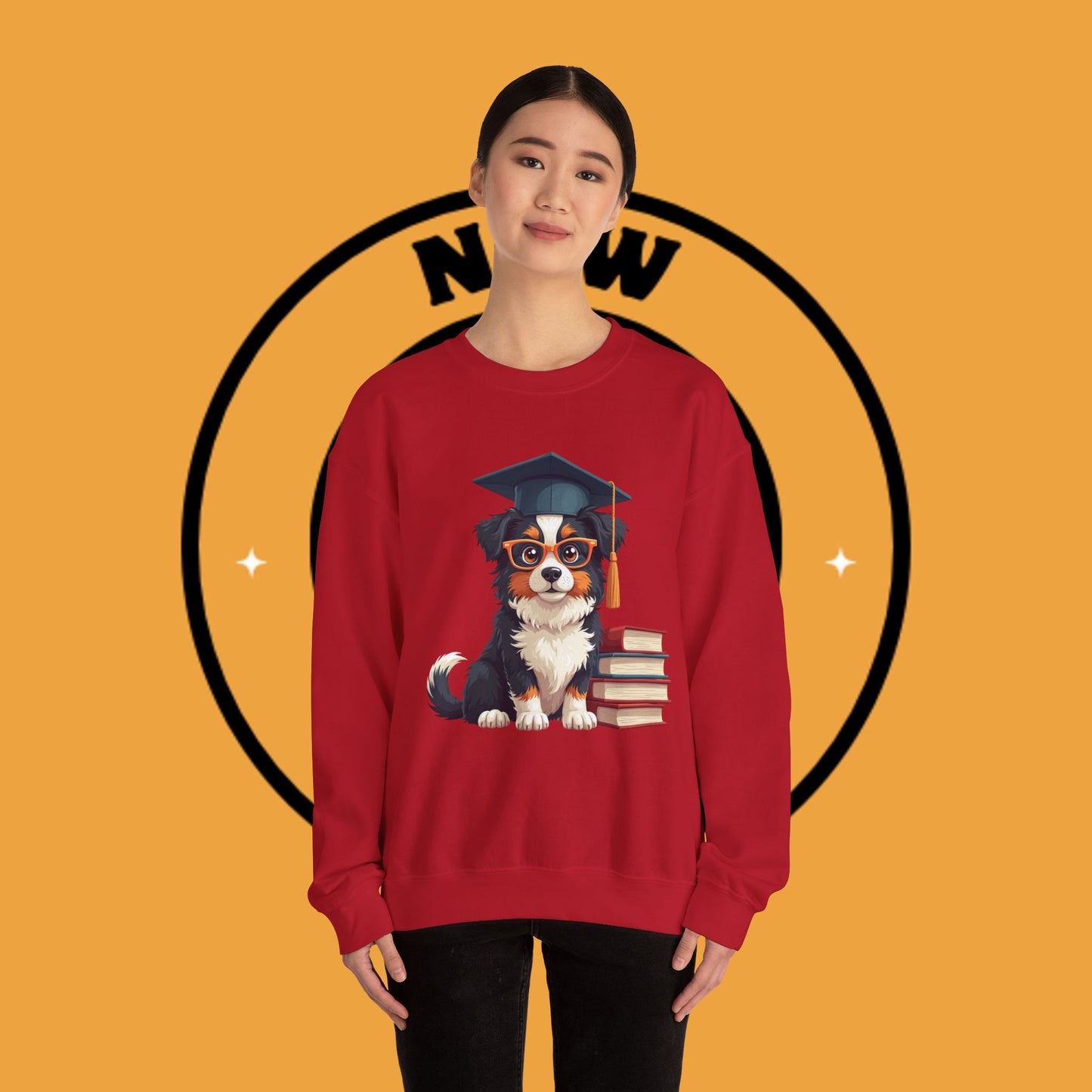 Graduation Dog Crewneck Sweatshirt - Smart Puppy Graduate Cap Books | Academic Achievement Gift