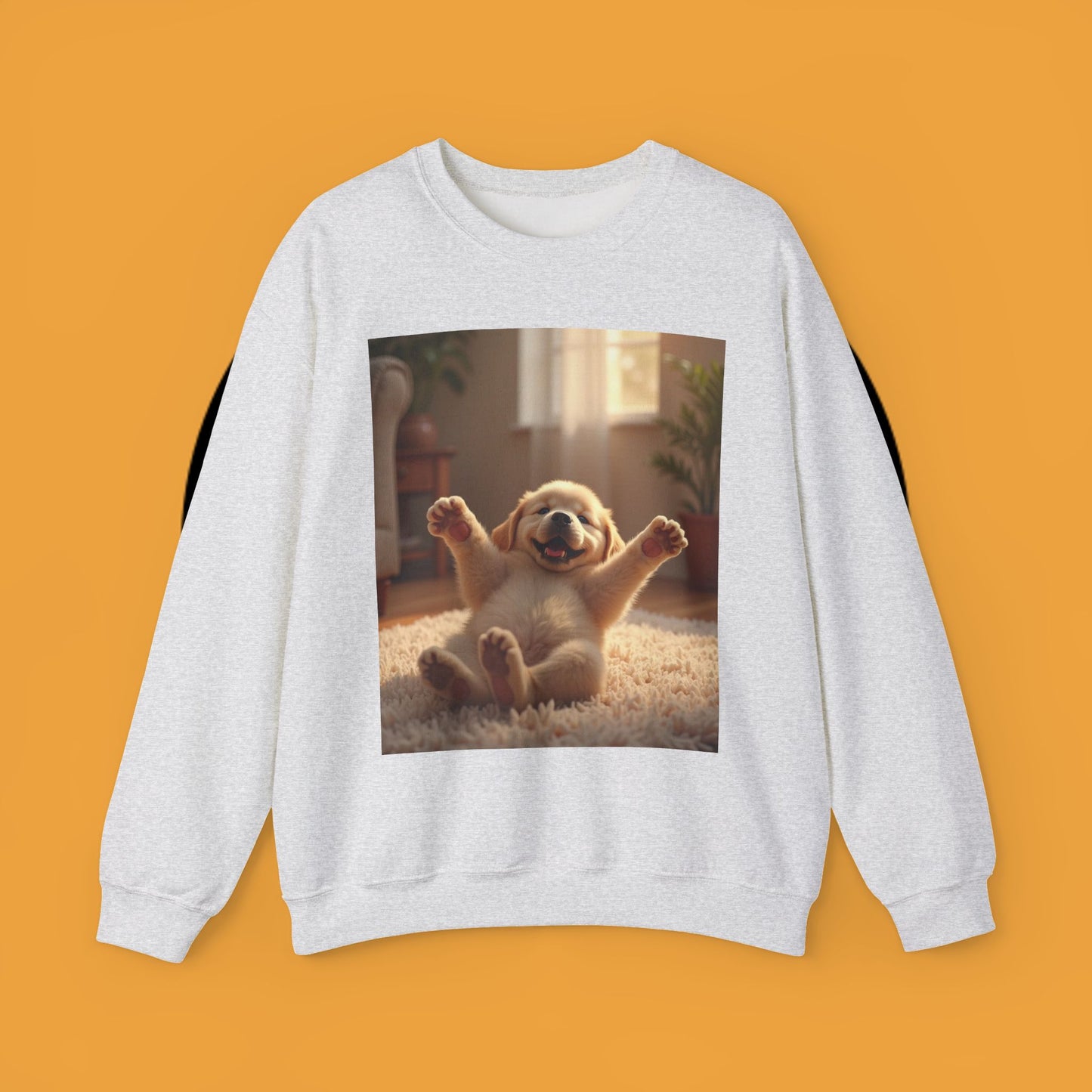 Unisex Dog Lover Crewneck Sweatshirt - Joyful Paws: Yellow Lab Puppy Stretching on Plush Carpet