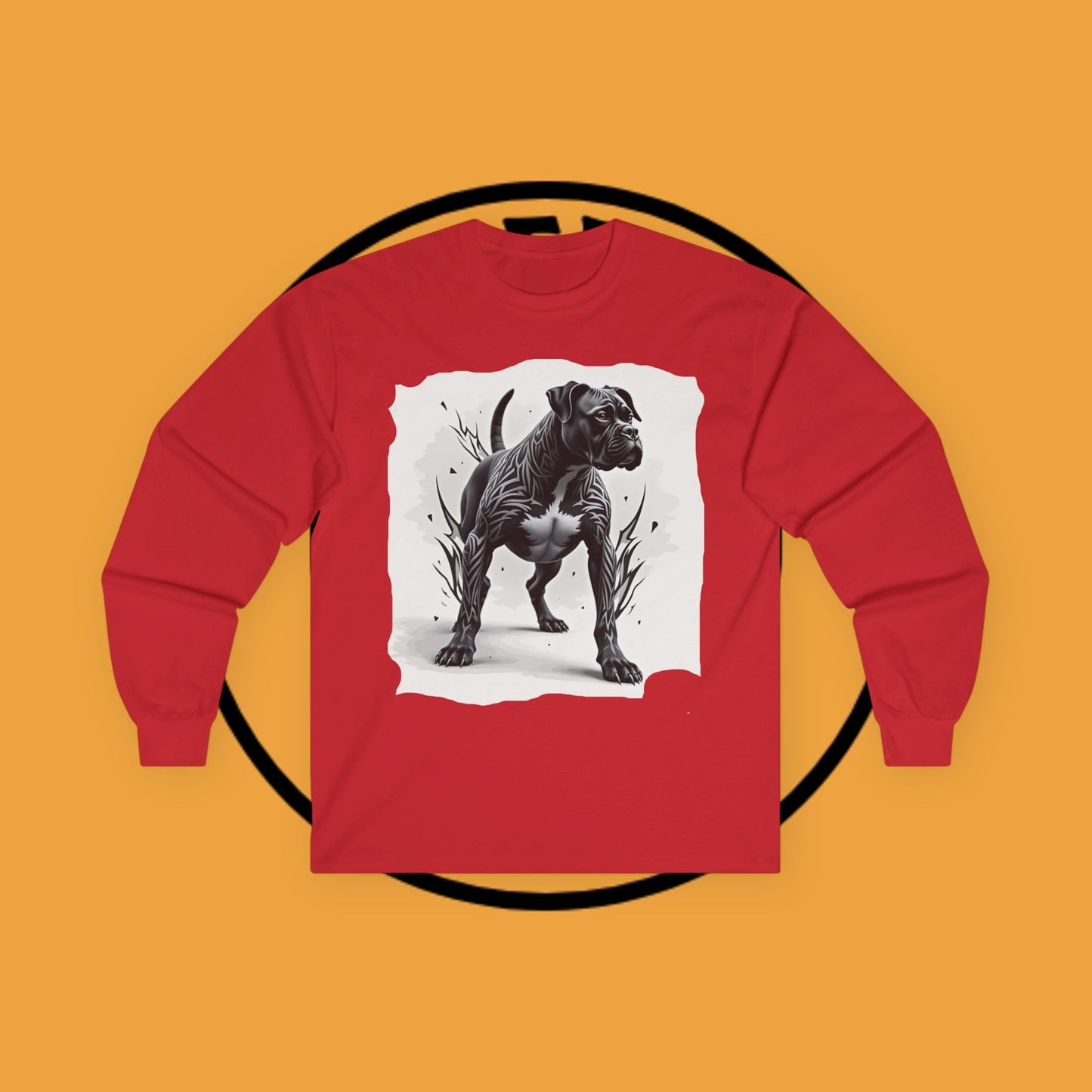 Tribal Tattoo Style Boxer Dog Long Sleeve T-Shirt - Bold Black & White Art Design