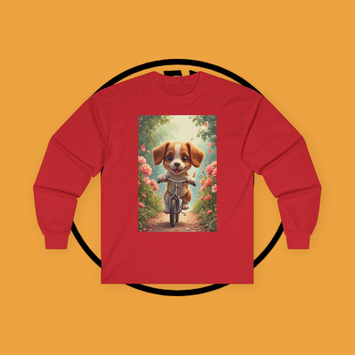 Happy Puppy Riding Bike Spring Flowers Long Sleeve Tee Gift
