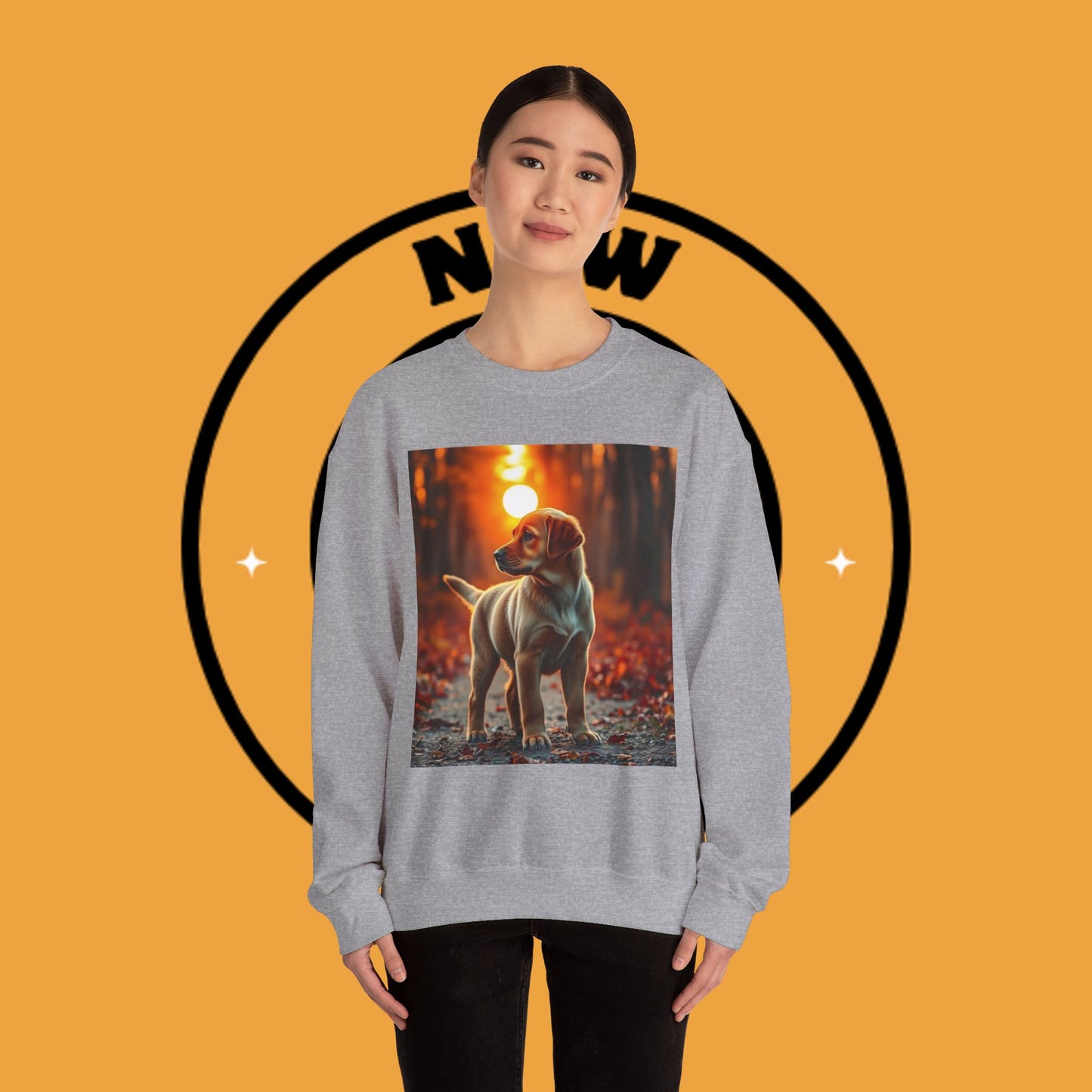 Crewneck Sweatshirt - Labrador Puppy in Autumn Forest with Golden Sunset Light Design