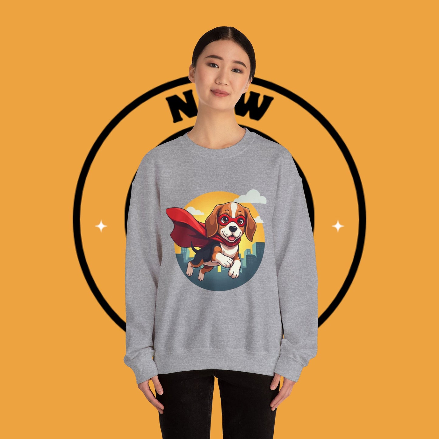 Superhero Dog Crewneck Sweatshirt - Flying Beagle Design with Red Cape and Mask