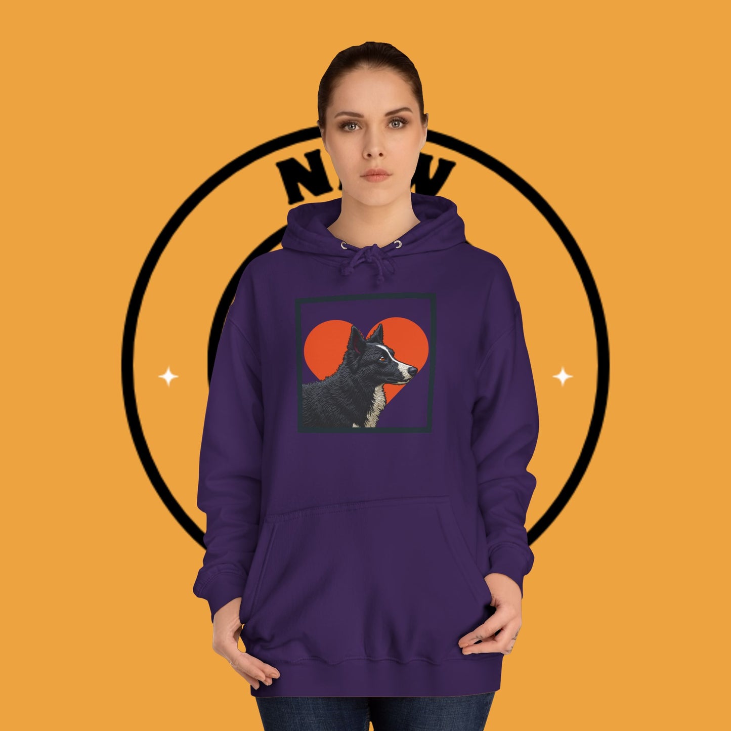 "Black & White Border Collie Portrait Hoodie - Bold Red Heart Background Dog Lover Sweatshirt | Premium Art Design"