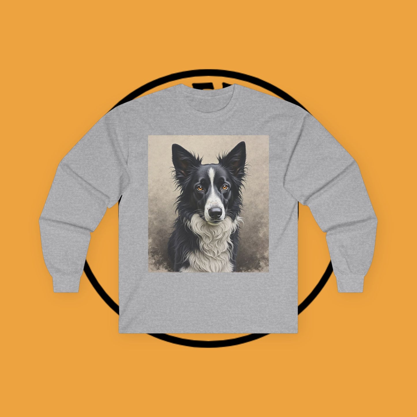Realistic Border Collie Portrait Long Sleeve Tee - Black & White Dog Art Shirt | Premium Pet Apparel