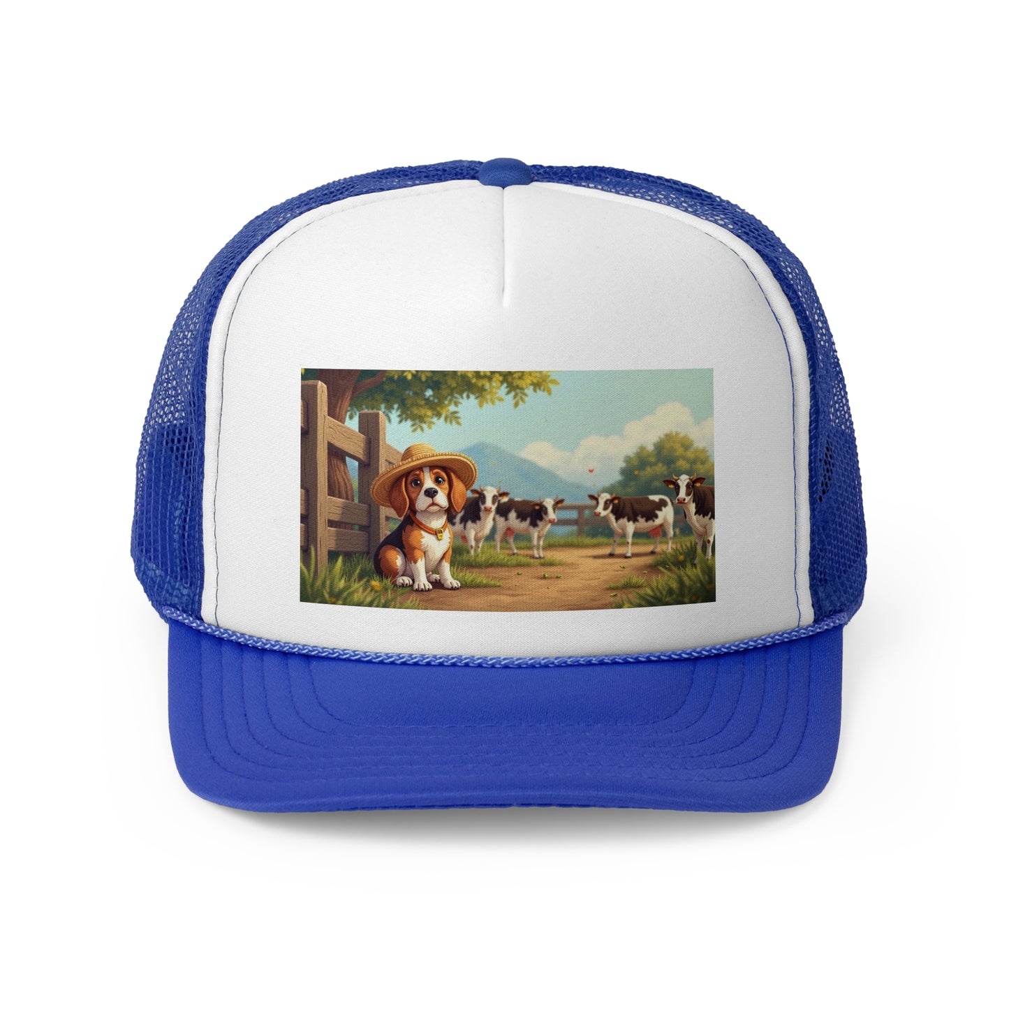Farm Beagle with Straw Hat and Cows Trucker Hat - Country Dog Lover Cap - Adorable Dog Lover Unisex Cap