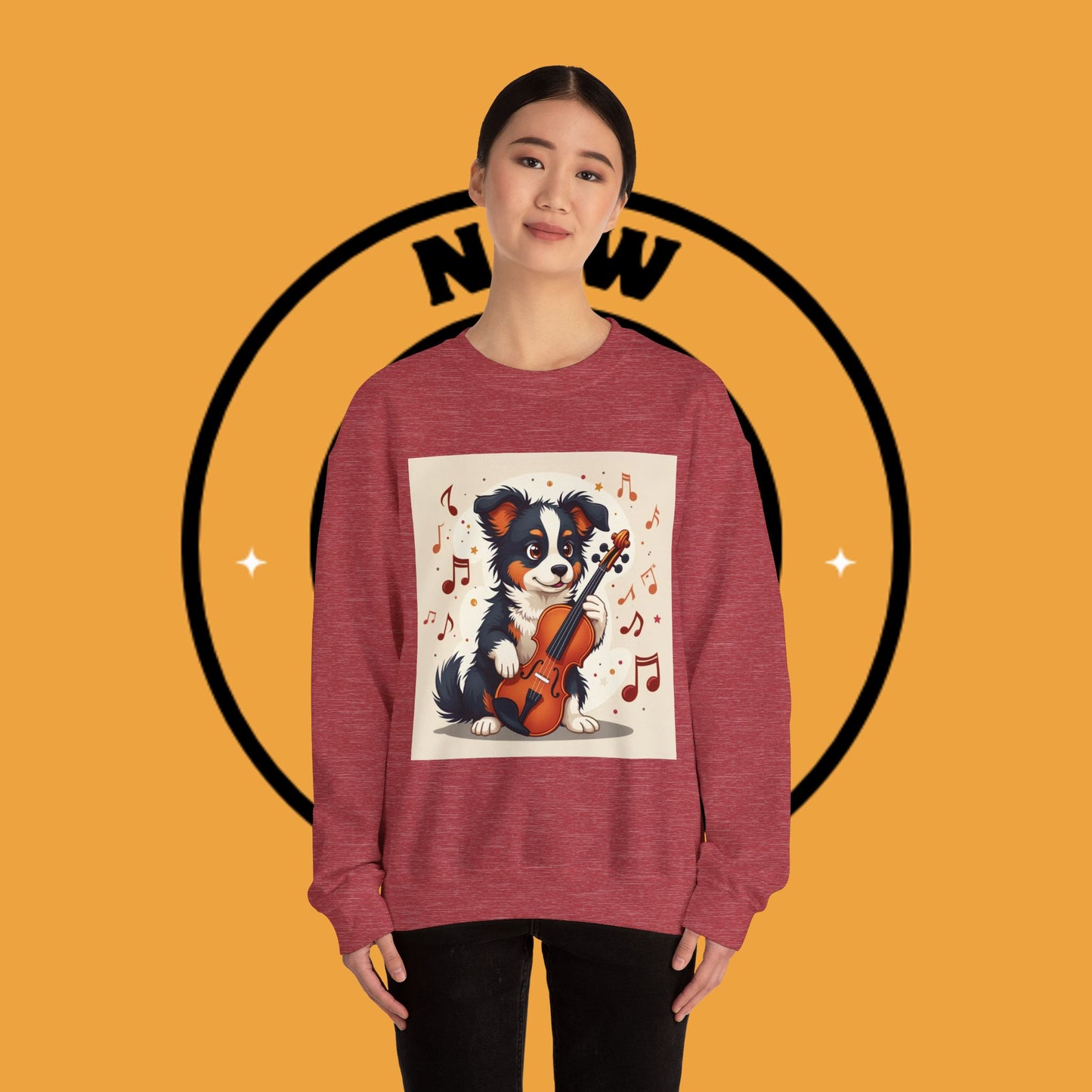 Music Dog Crewneck Sweatshirt - Cute Puppy Violinist with Musical Notes Design | Musician Gift