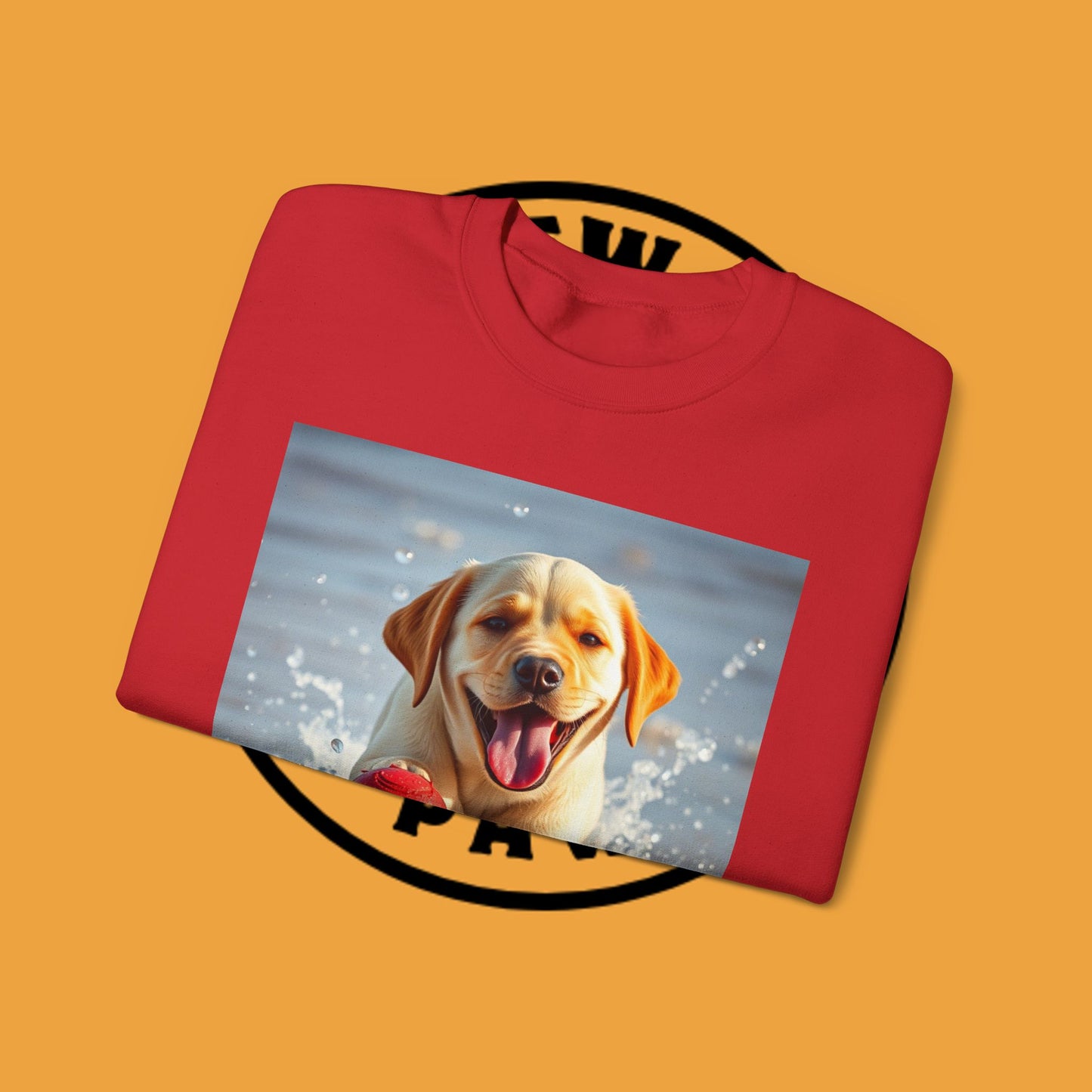 Unisex Dog Lover Crewneck Sweatshirt Labrador Puppy Playing with a Ball on the Beach - Photo of a Happy Dog Running in the Water