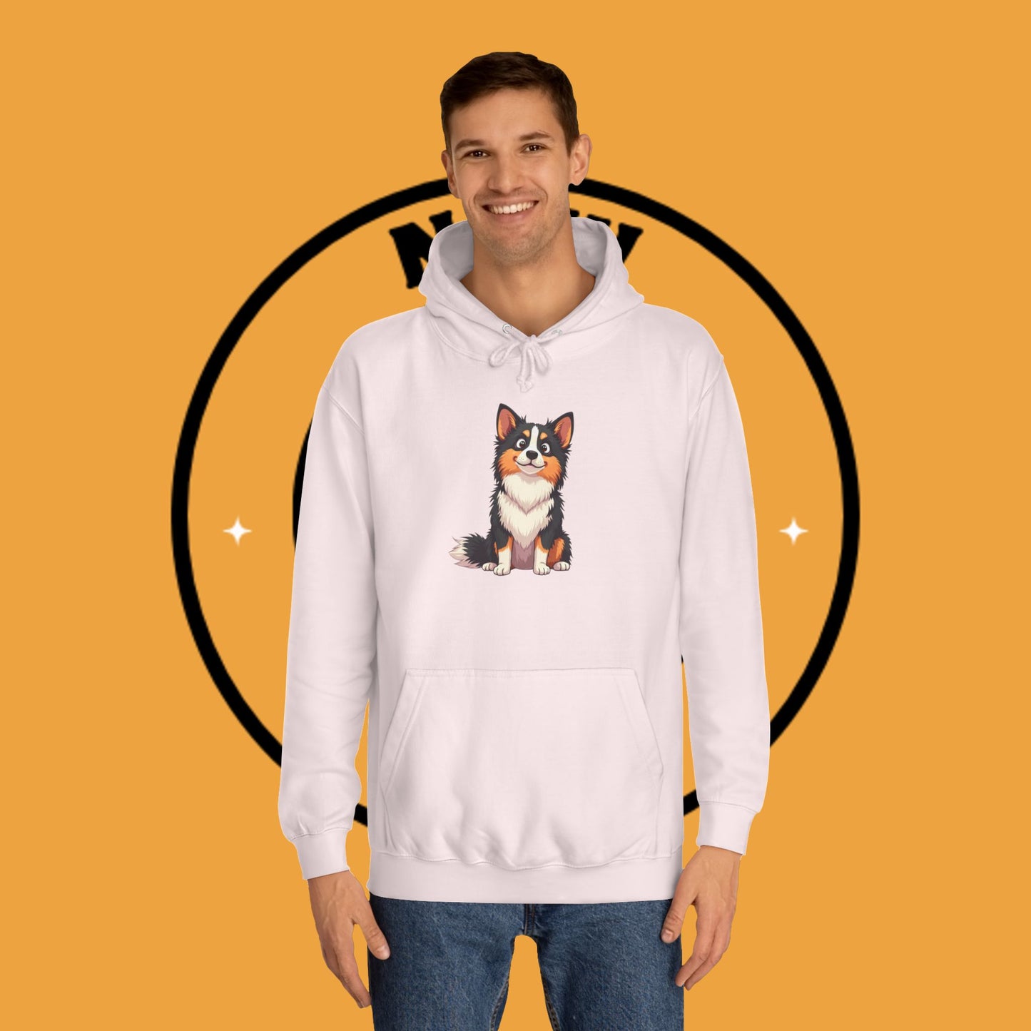 "Cute Tricolor Puppy Hoodie - Adorable Cartoon Dog Design | Kawaii Animal Streetwear for Dog Lovers"