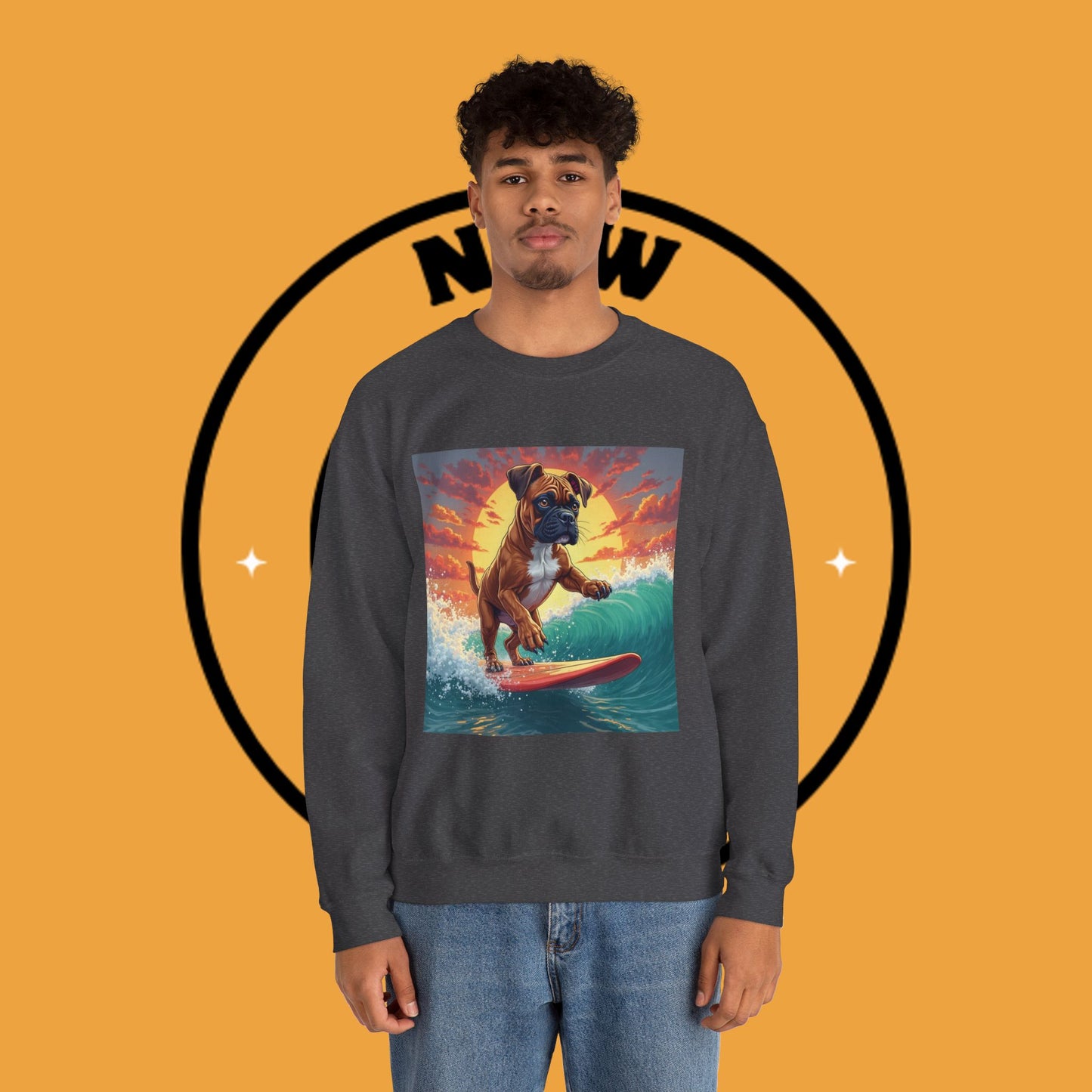 Surfing Boxer Dog Crewneck Sweatshirt | Funny Beach Surfer Gift | Epic Wave Riding Pup Design