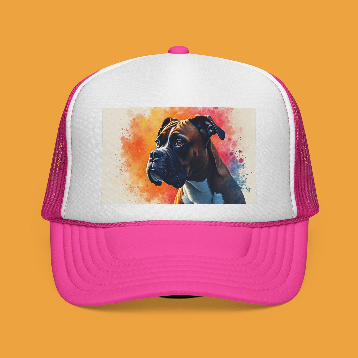 "Watercolor Sunset Boxer Dog Trucker Cap - Artistic Profile Design | Premium Snapback Hat | Fine Art Streetwear for Dog Lovers"