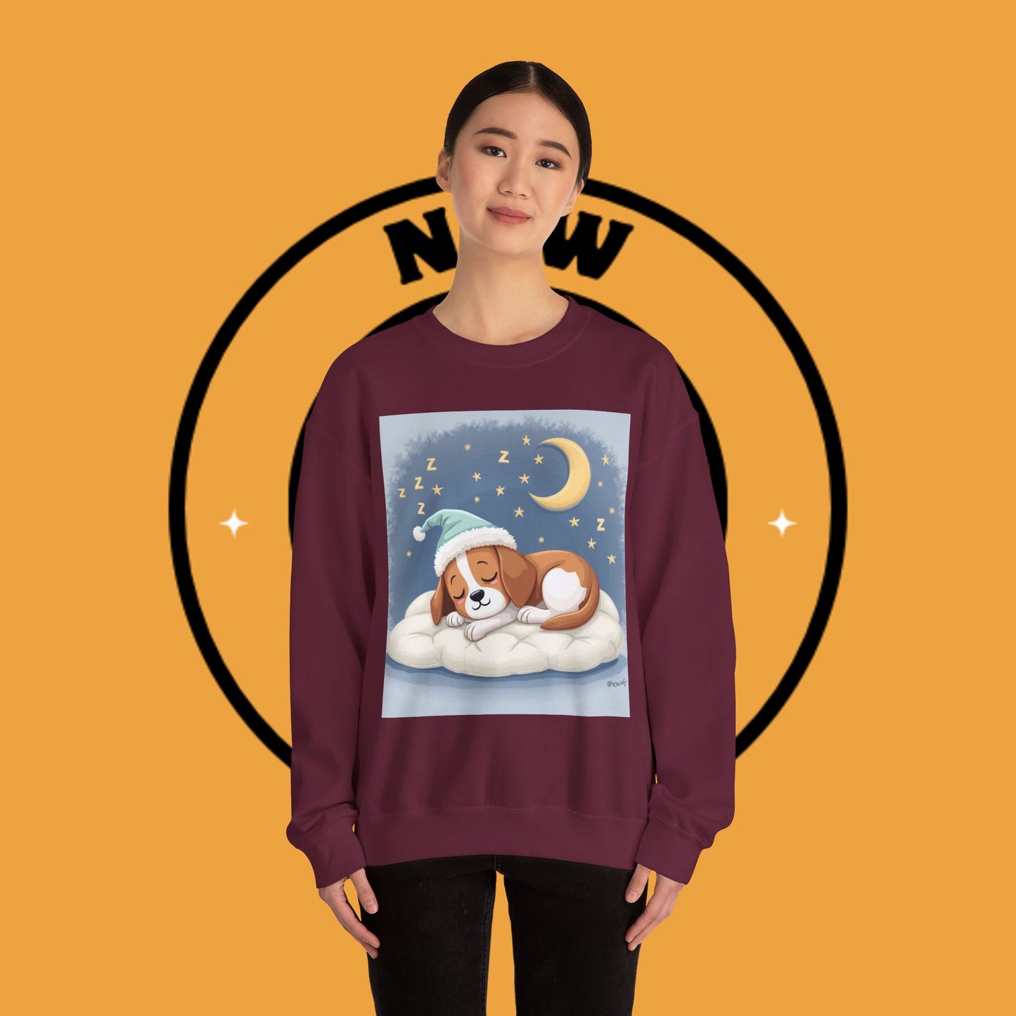 Sleeping Dog Crewneck Sweatshirt - Cute Beagle Design with Moon and Stars