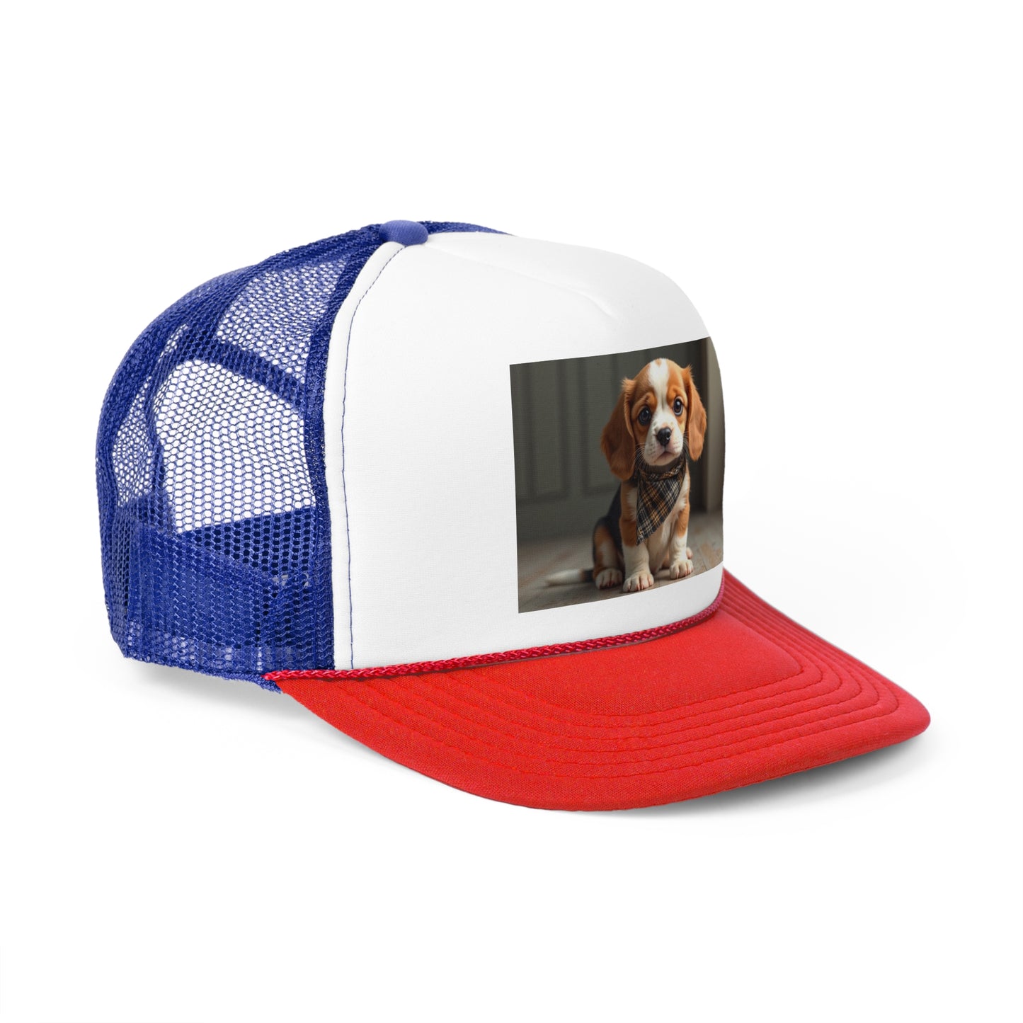 Stylish Beagle Puppy with Plaid Bandana Trucker Hat - Premium Dog Lover Cap - Adorable Dog Lover Unisex Cap