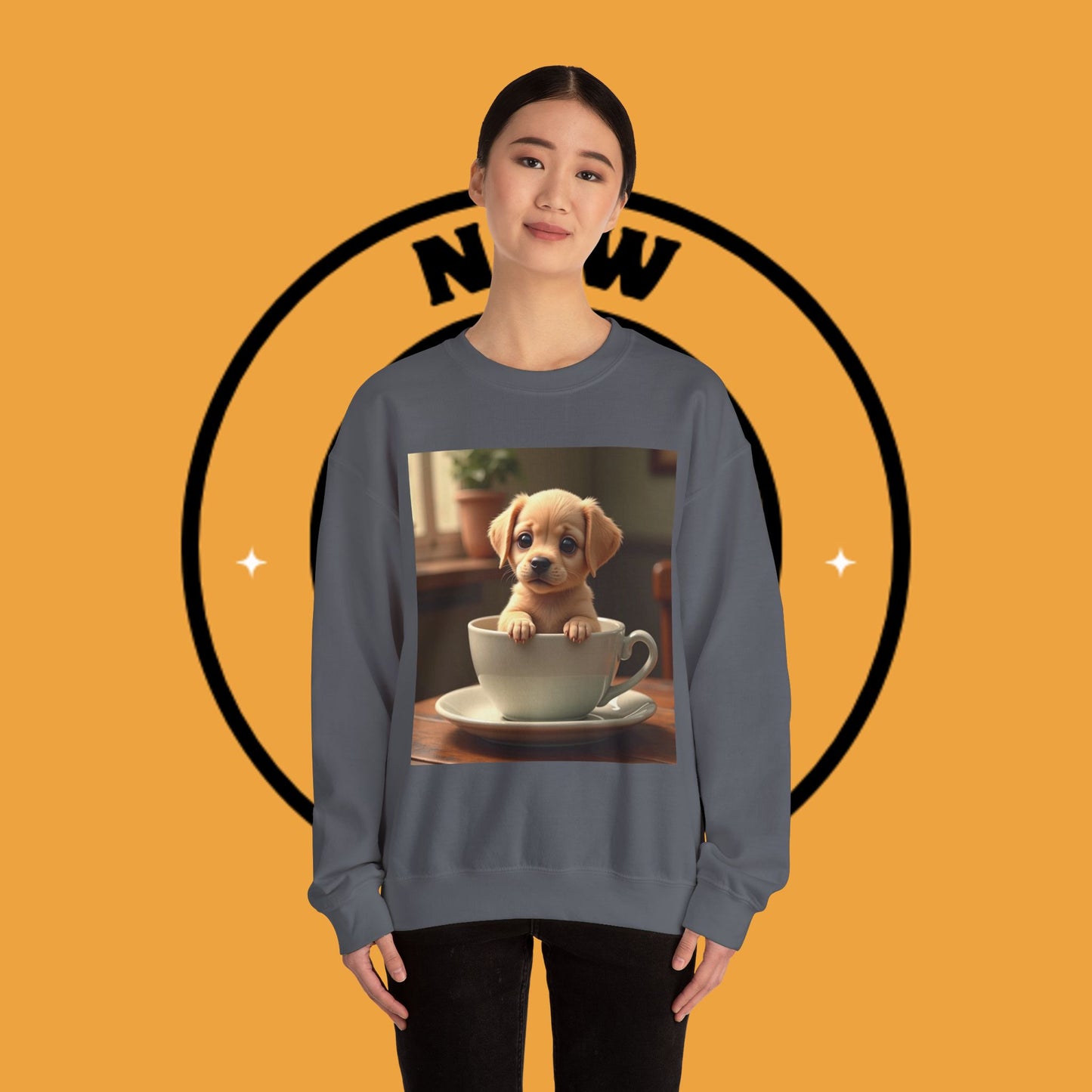 Unisex Dog Lover Crewneck Sweatshirt - Teacup Puppy: Adorable Yellow Lab in Coffee Cup