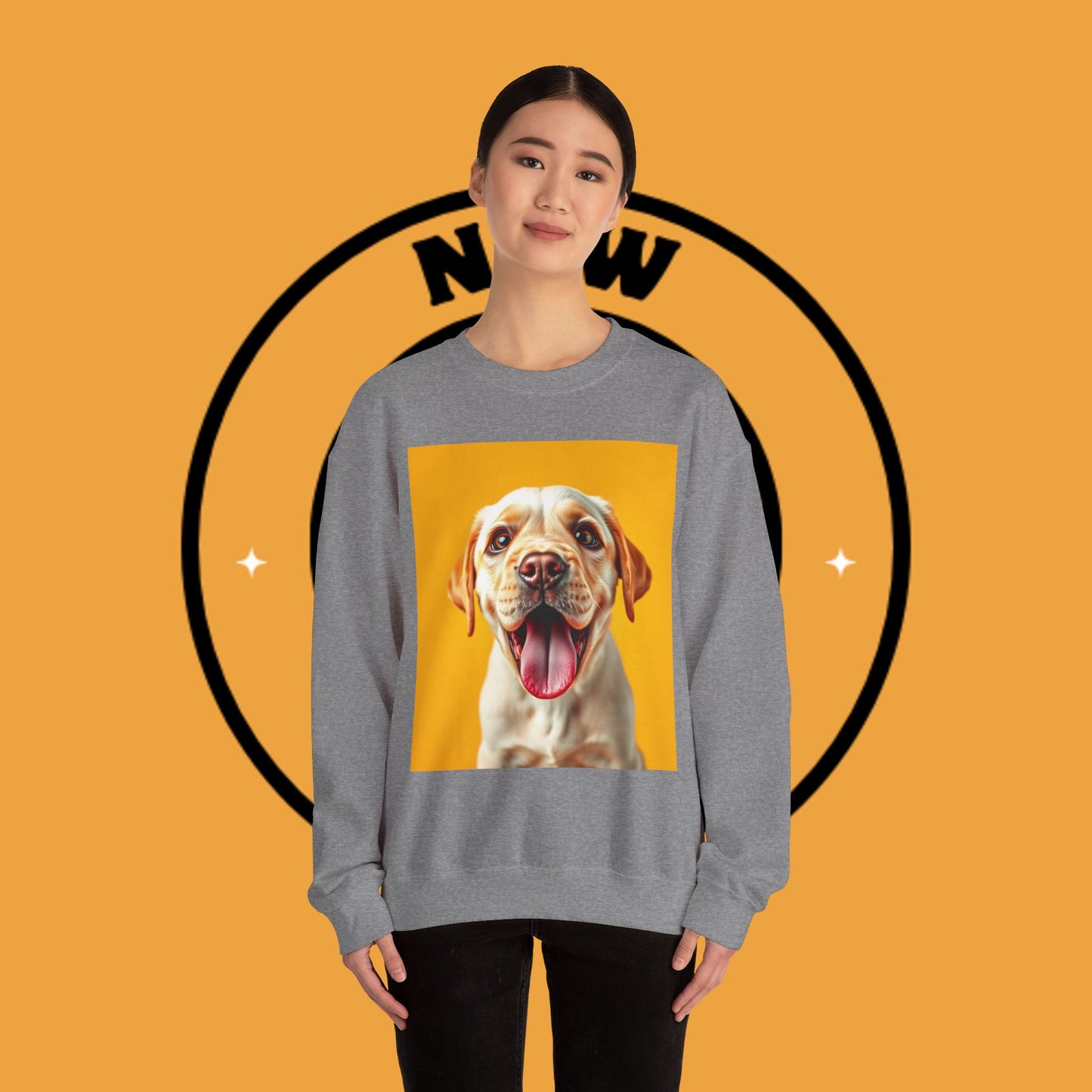 Unisex Dog Lover Crewneck Sweatshirt - Smiling Yellow Lab on vibrant yellow background