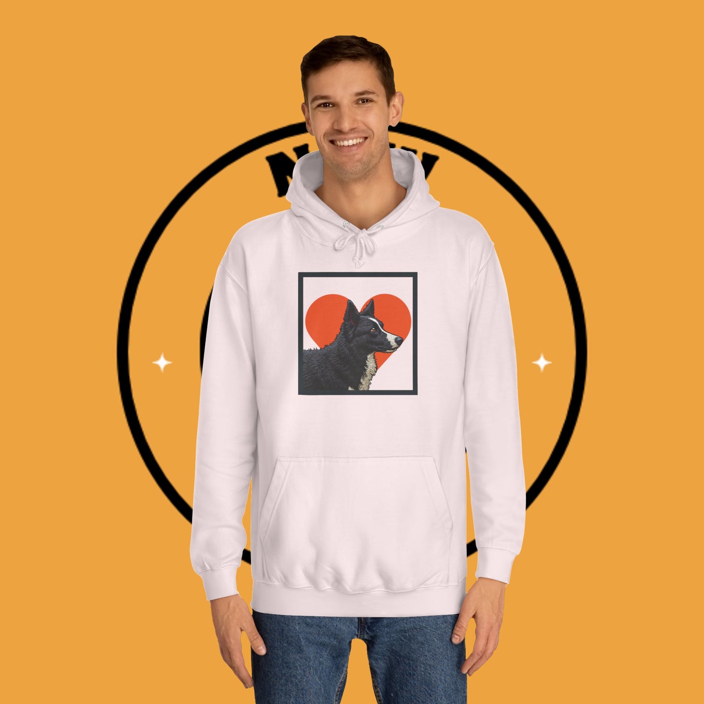 "Black & White Border Collie Portrait Hoodie - Bold Red Heart Background Dog Lover Sweatshirt | Premium Art Design"