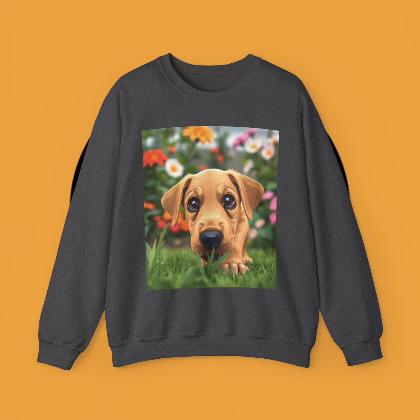 Unisex Dog Lover Crewneck Sweatshirt - Cute puppe with big eyes in floral garden