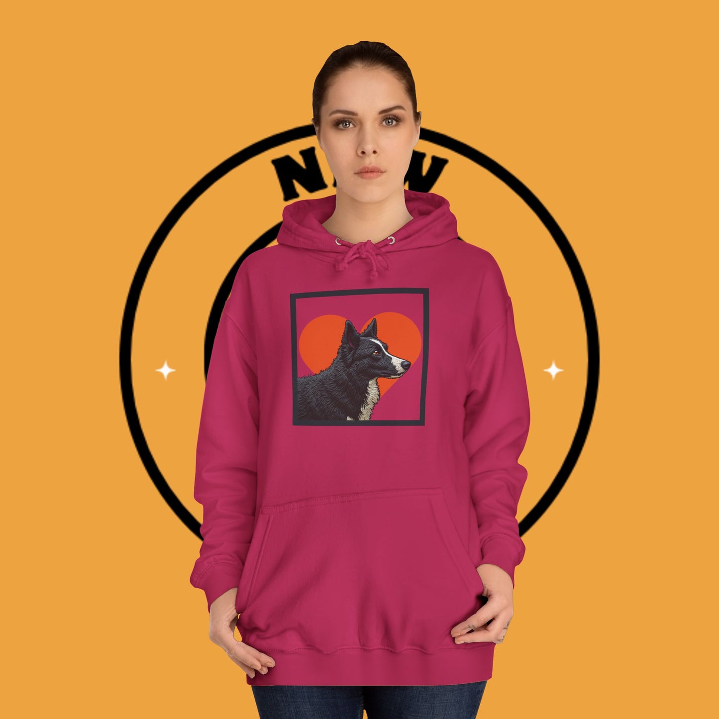 "Black & White Border Collie Portrait Hoodie - Bold Red Heart Background Dog Lover Sweatshirt | Premium Art Design"