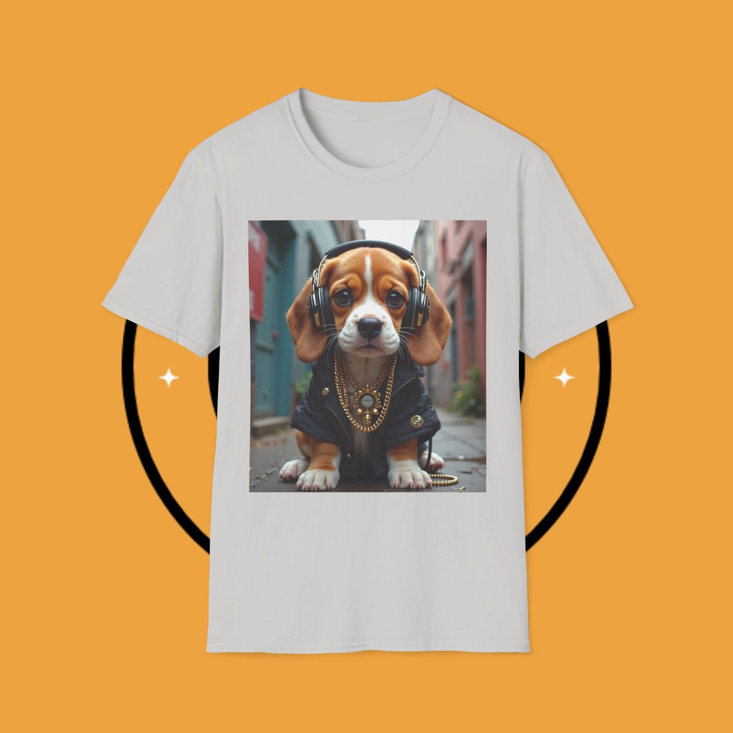 Hip Hop Beagle Dog T-Shirt - Cool Puppy with Headphones & Gold Chains Graphic Tee