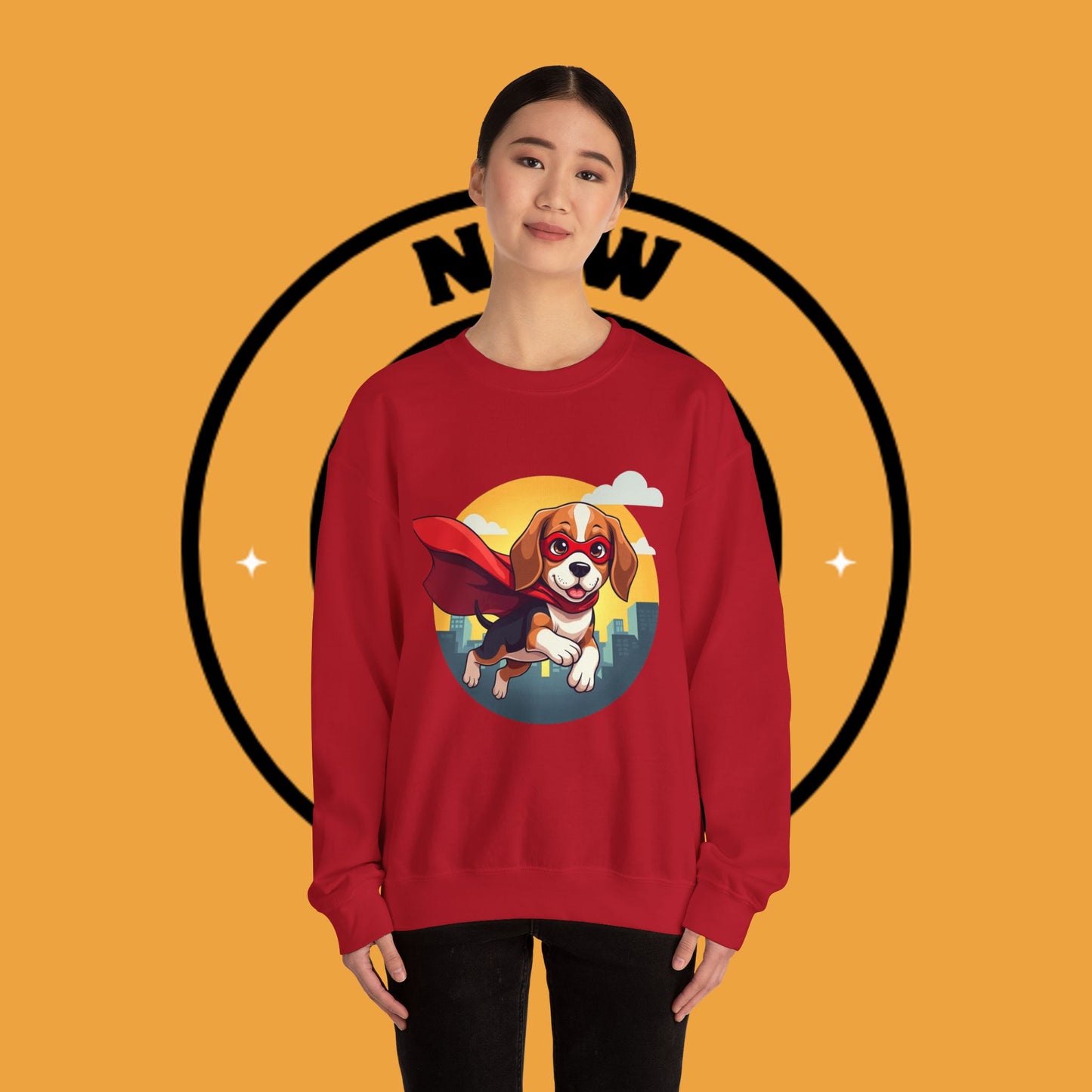 Superhero Dog Crewneck Sweatshirt - Flying Beagle Design with Red Cape and Mask