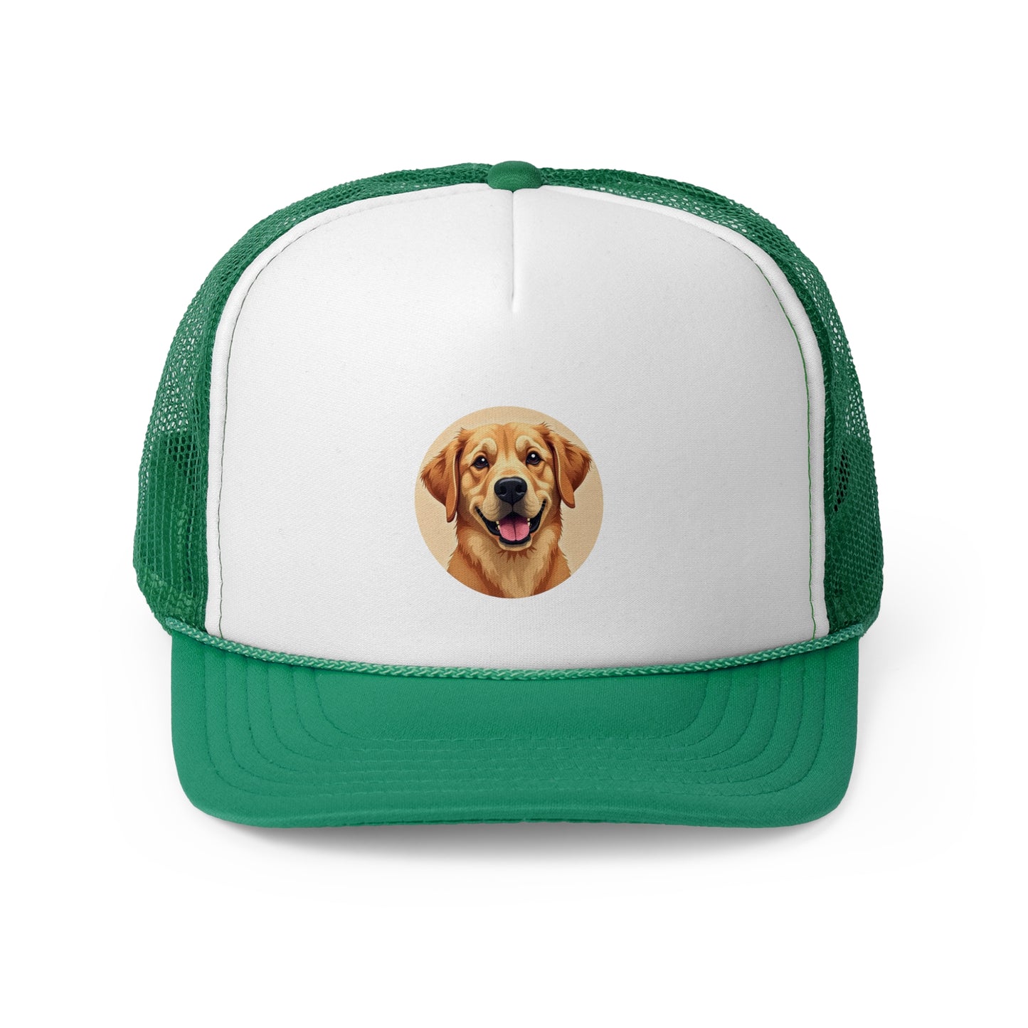 Happy Golden Retriever Trucker Cap - Circular Digital Illustration - Unisex Golden Cheerful Cap