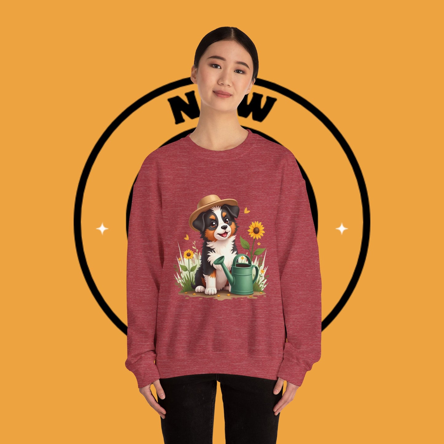 Garden Dog Crewneck Sweatshirt - Cute Puppy Gardener with Sunflowers Design | Green Thumb Gift