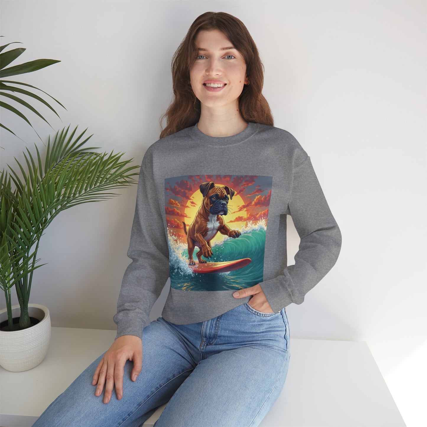 Surfing Boxer Dog Crewneck Sweatshirt | Funny Beach Surfer Gift | Epic Wave Riding Pup Design