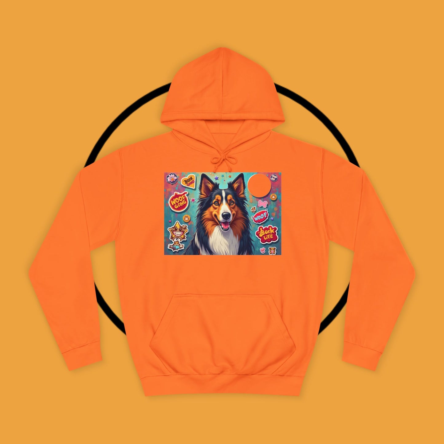 "Dog Sticker Pack Hoodie - Vibrant Collie with Fun Dog Patches Design | Millennial Pet Lover Streetwear"