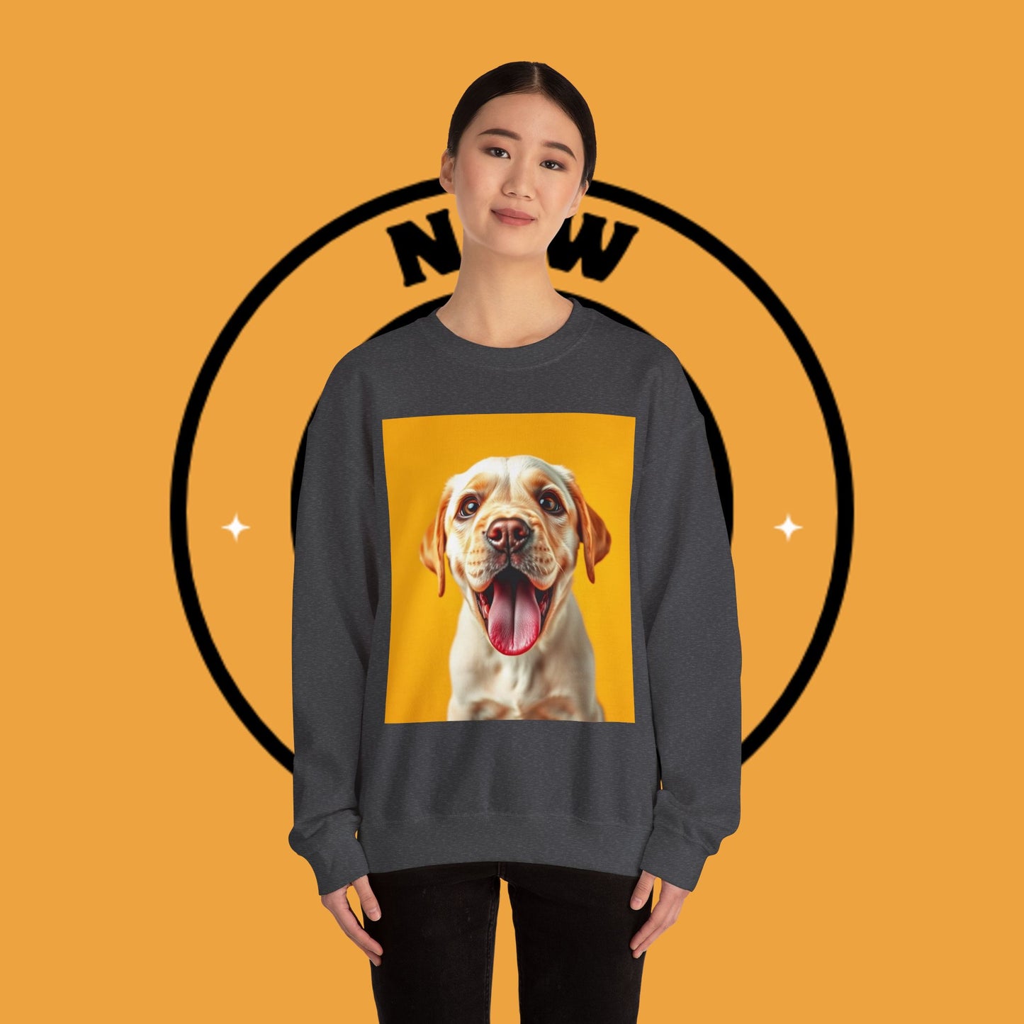 Unisex Dog Lover Crewneck Sweatshirt - Smiling Yellow Lab on vibrant yellow background