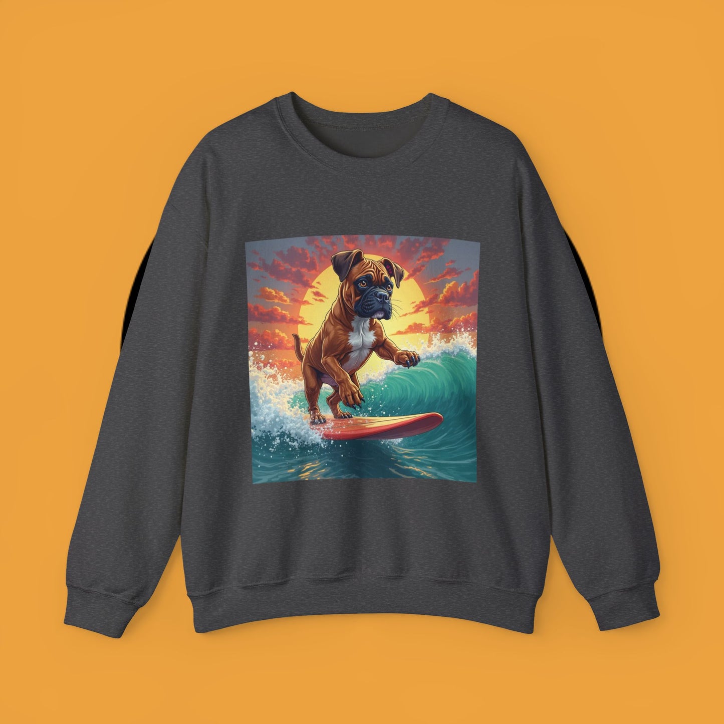 Surfing Boxer Dog Crewneck Sweatshirt | Funny Beach Surfer Gift | Epic Wave Riding Pup Design