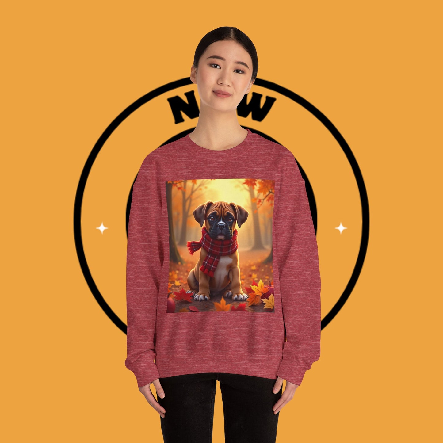 Cute Boxer Puppy Autumn Crewneck Sweatshirt | Fall Dog Lover Gift | Cozy Plaid Scarf Design