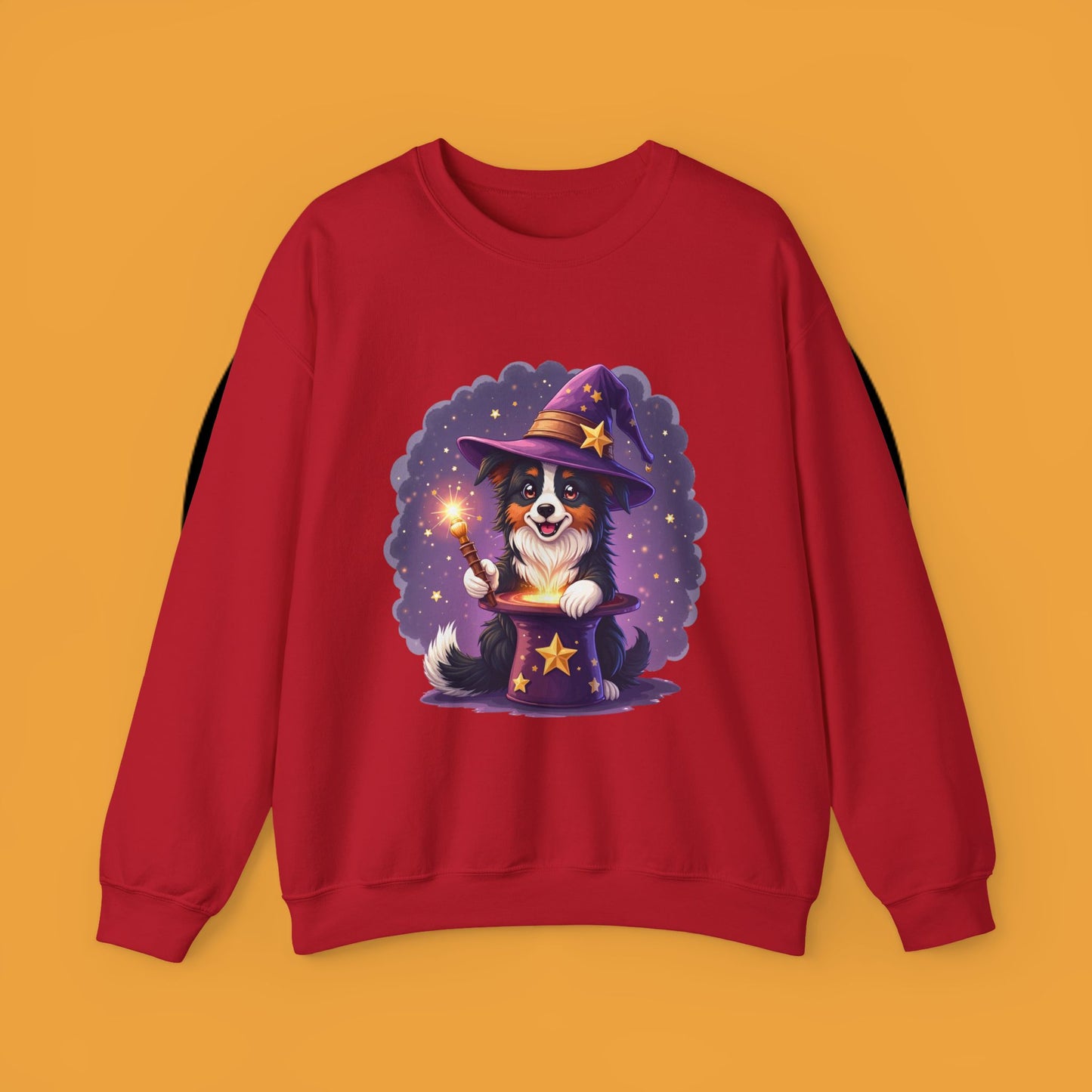 Magical Wizard Dog Crewneck Sweatshirt - Adorable Puppy Magician with Hat & Wand | Fantasy Pet Lover Gift Tee