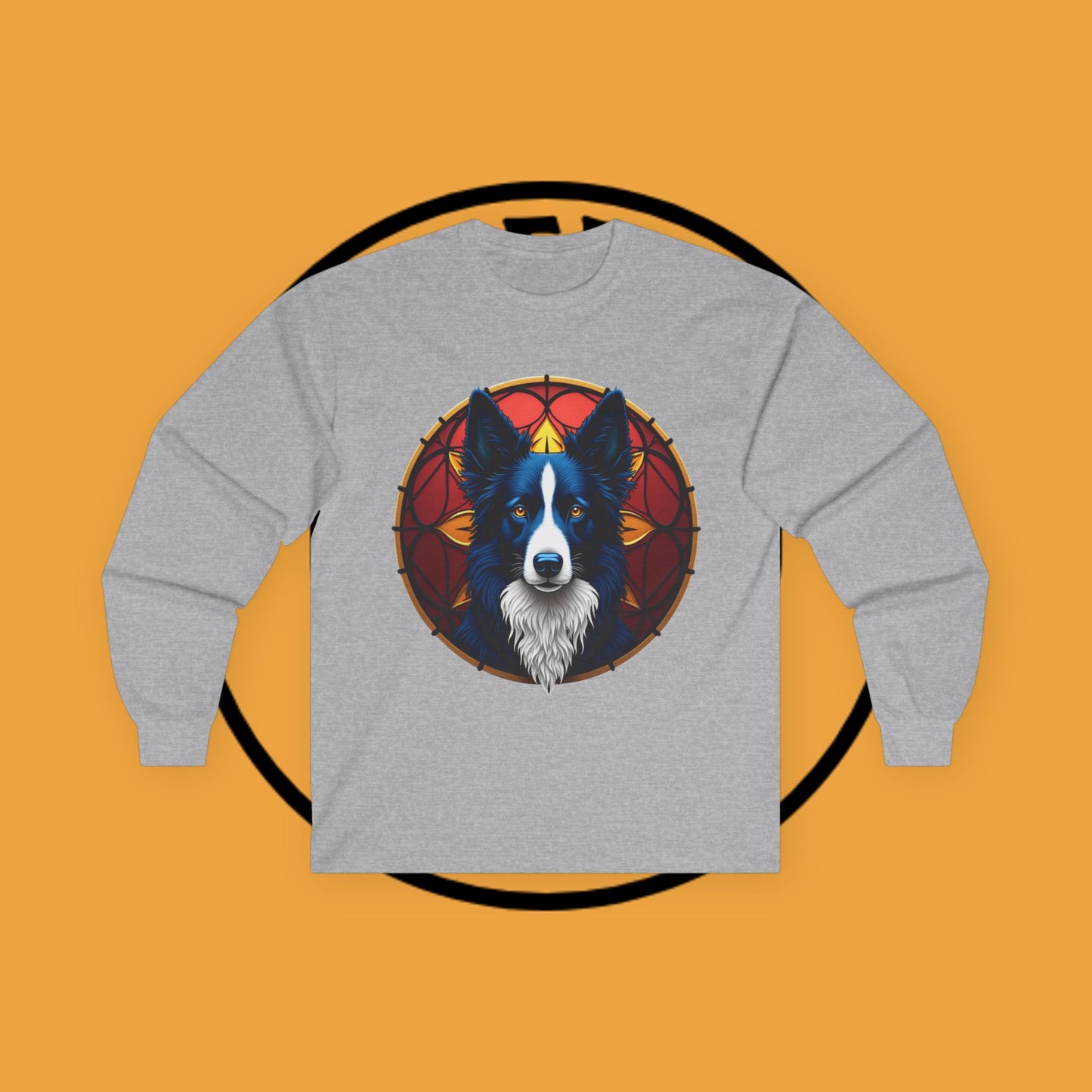 "Mystical Border Collie Stained Glass Long Sleeve Tee - Sacred Geometry Spirit Animal Shirt - Gothic Fantasy Apparel"