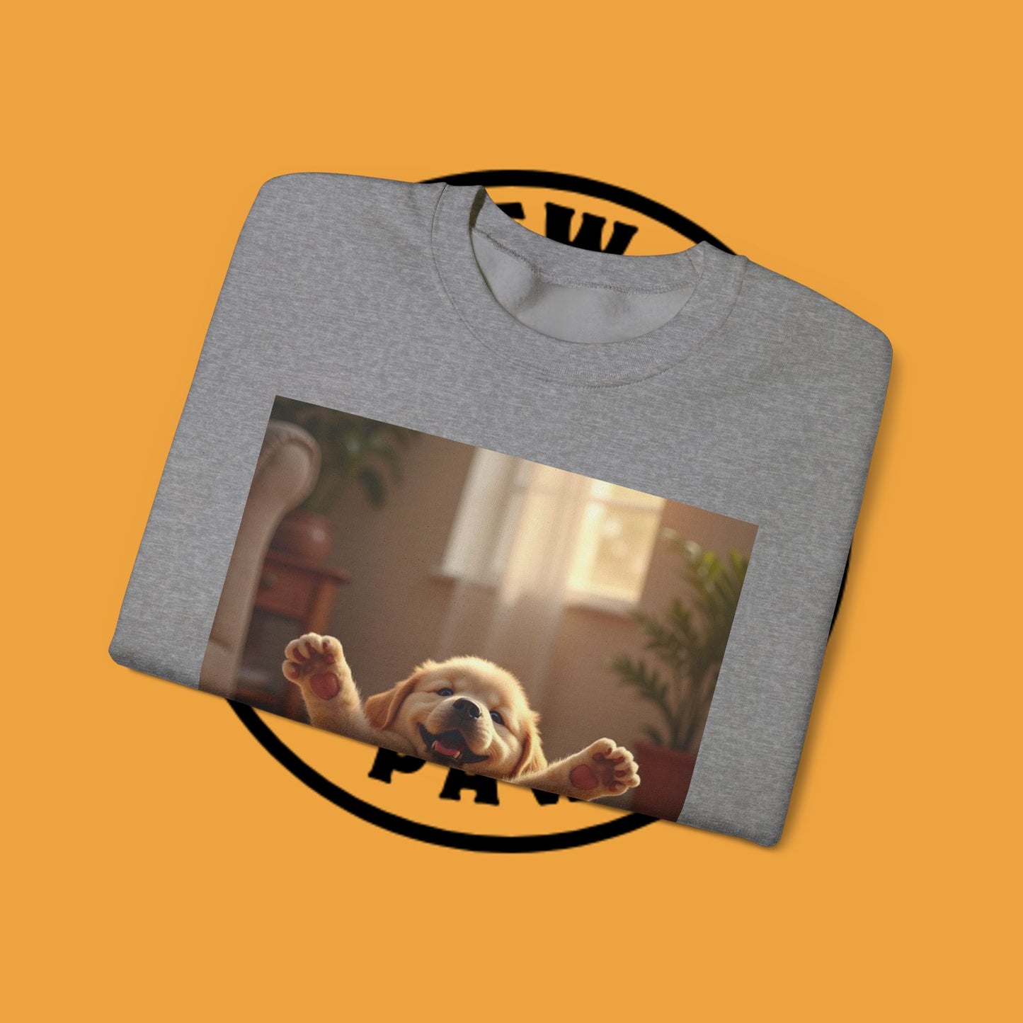 Unisex Dog Lover Crewneck Sweatshirt - Joyful Paws: Yellow Lab Puppy Stretching on Plush Carpet