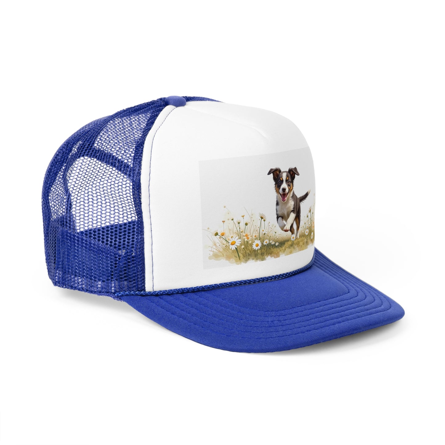Happy Puppy in Daisies Trucker Hat - Joyful Dog Running Cap - Spring Meadow Baseball Hat