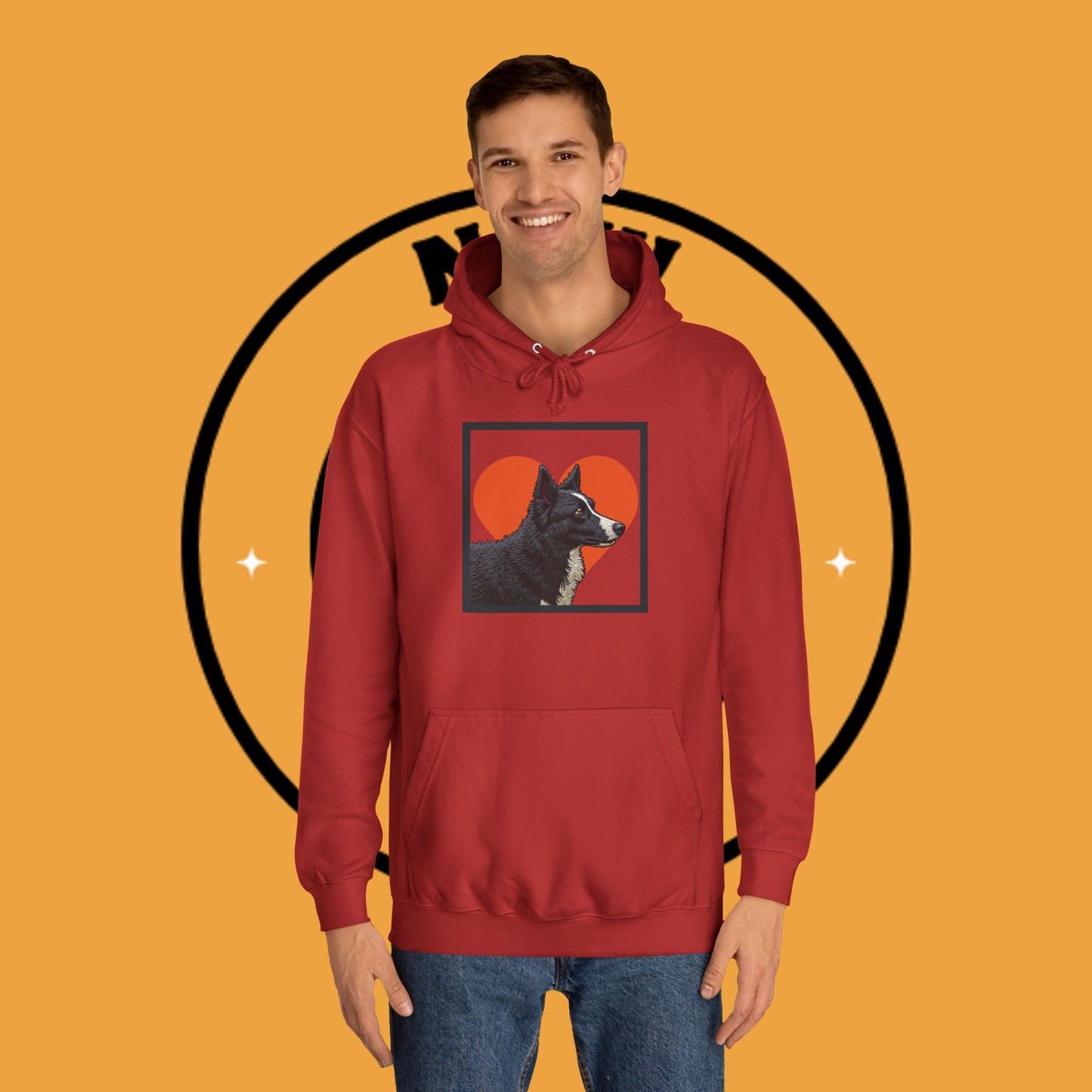 "Black & White Border Collie Portrait Hoodie - Bold Red Heart Background Dog Lover Sweatshirt | Premium Art Design"